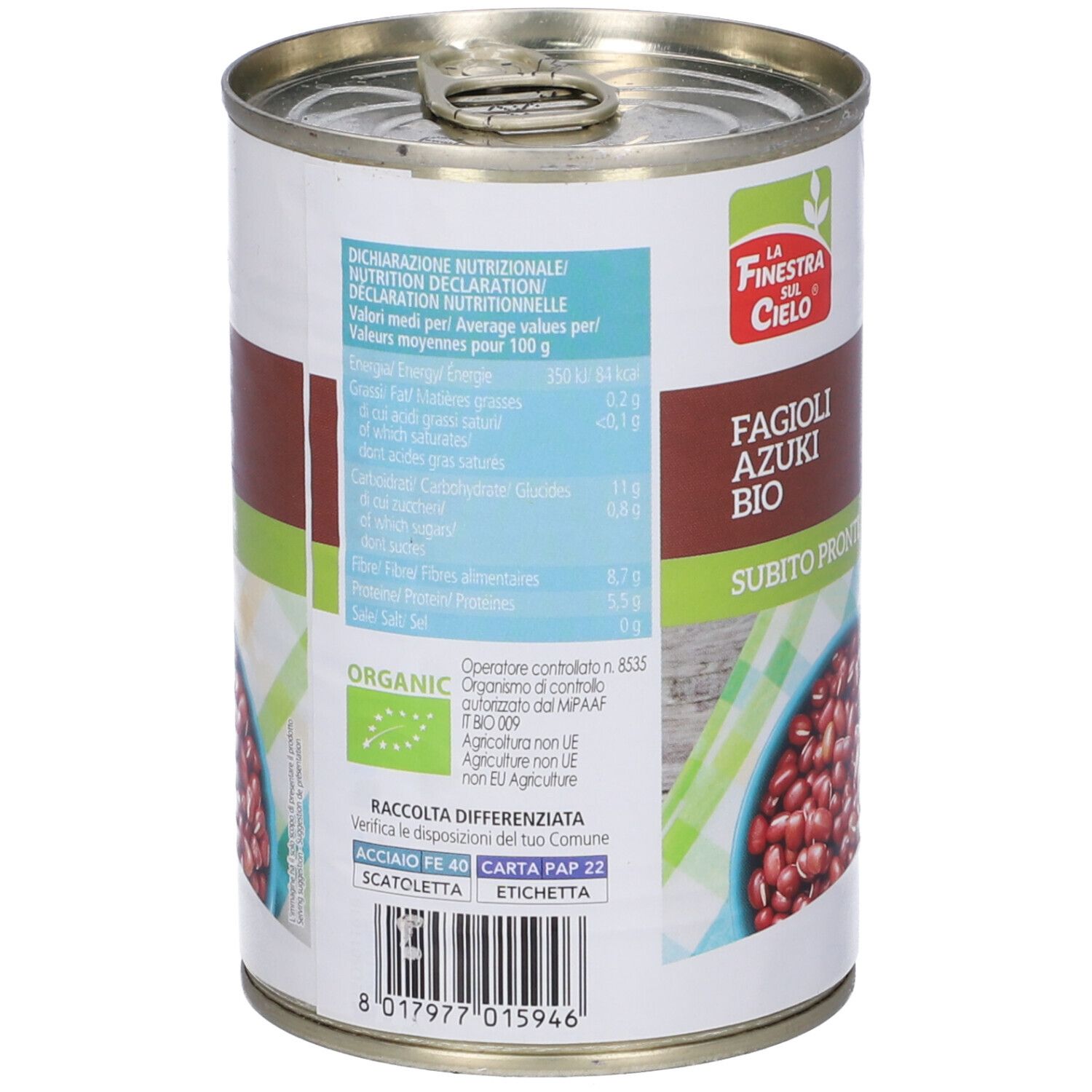 Lattina con informazioni nutrizionali. Scritta: Fagioli Azuki Bio, Subito Pronti. Con marchio bio e simboli di riciclaggio.