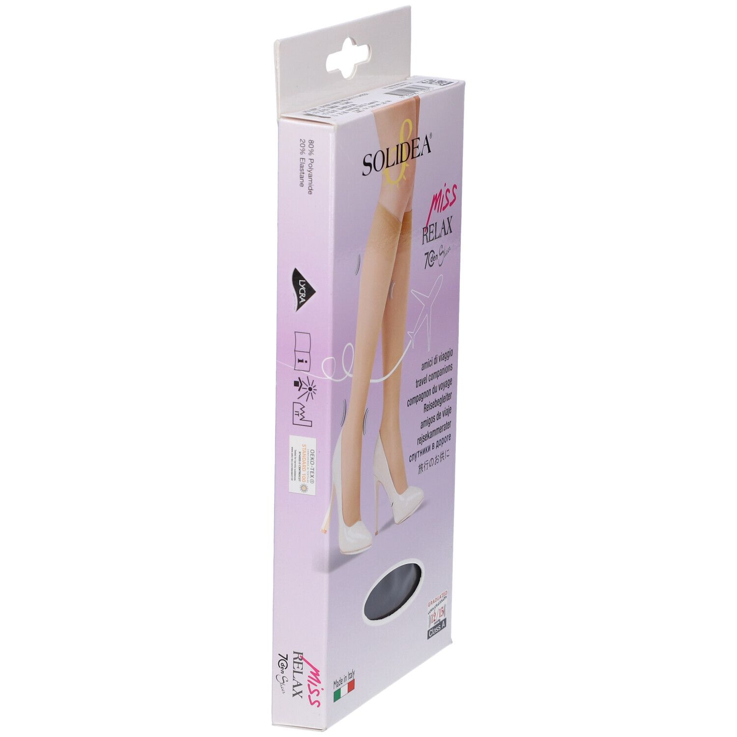 Seitenansicht der Verpackung mit SOLIDEA® MISS RELAX Kniestrumpf 70 sheer. Markenname und Produktbezeichnung.