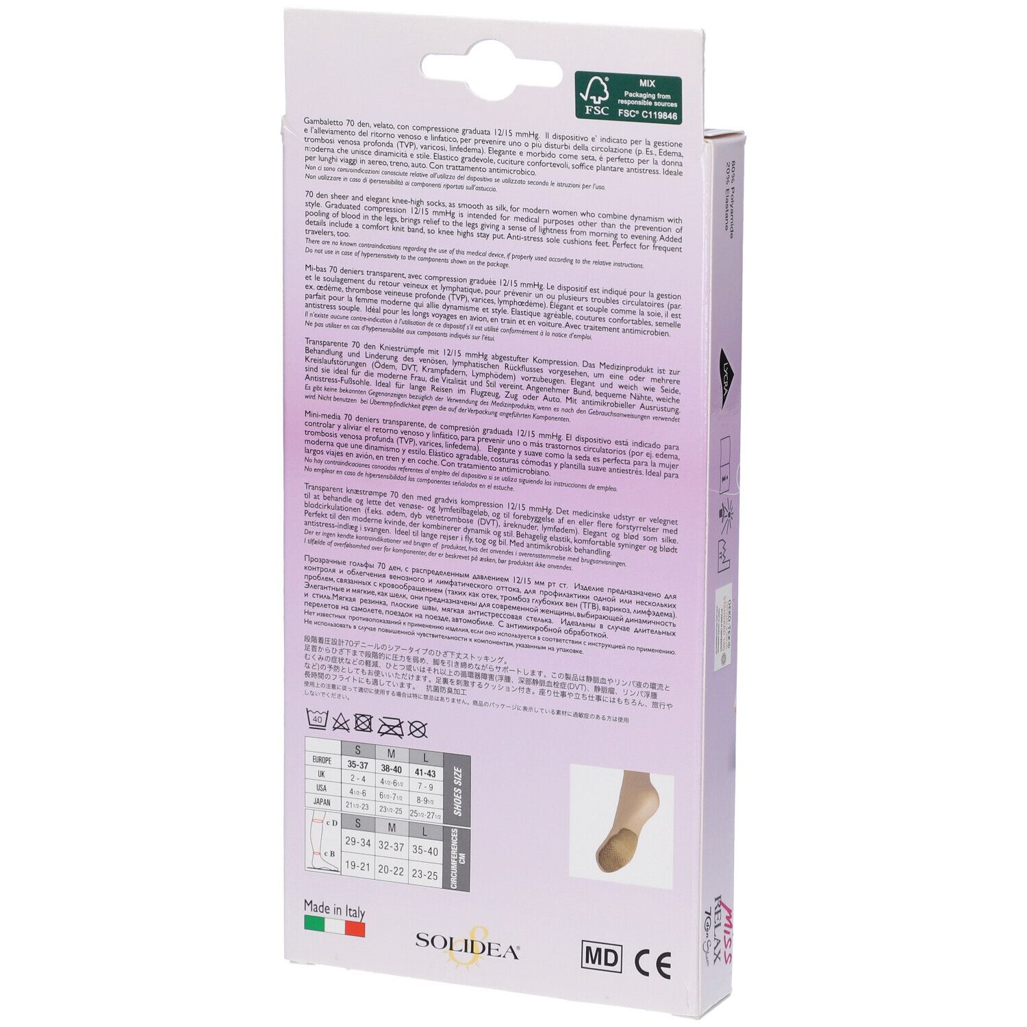 Rückseite der Verpackung mit Informationen und Größenangaben für SOLIDEA® MISS RELAX Kniestrumpf 70 sheer.