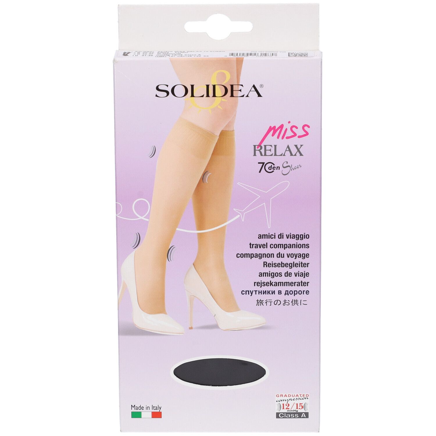 Verpackung mit SOLIDEA® MISS RELAX Kniestrumpf 70 sheer. Produktabbildung, Markenname, Produktbezeichnung und Größenangabe.