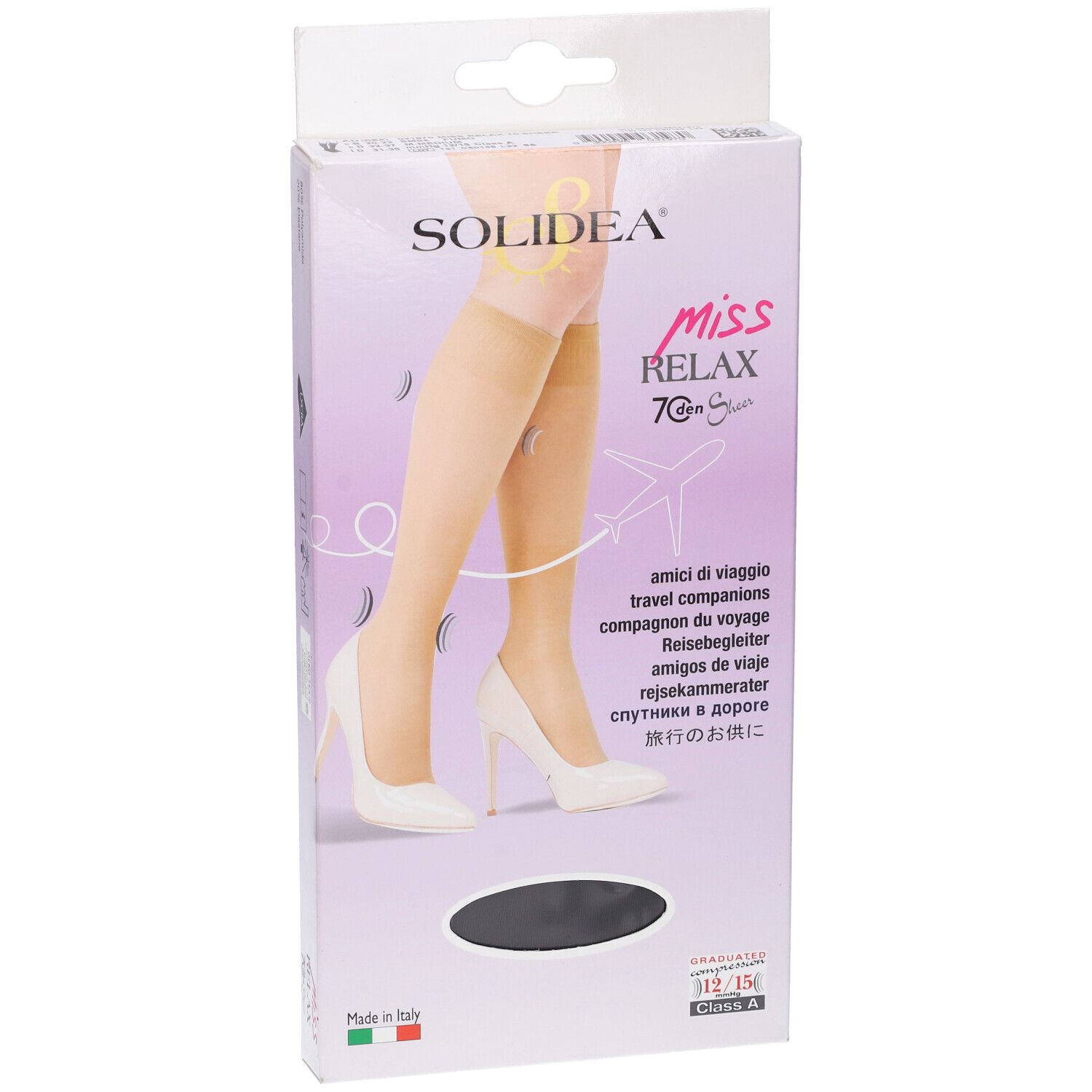 Verpackung mit SOLIDEA® MISS RELAX Kniestrumpf 70 sheer. Produktabbildung, Markenname, Produktbezeichnung und Größenangabe.
