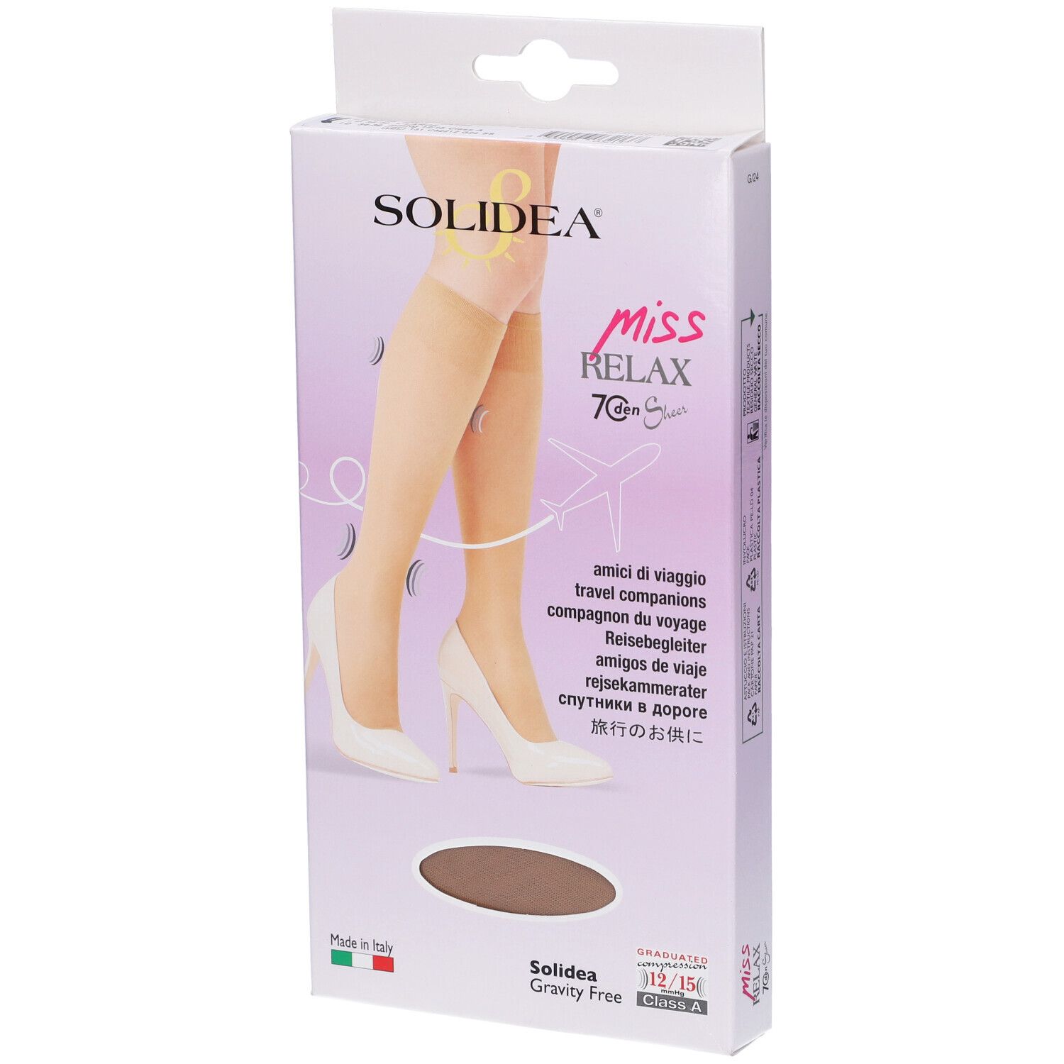 Verpackung mit Kniestrümpfen. Produktname und Logo. Aufdrucke: 'Miss Relax', '70 Denier'. Italienische Flagge.
