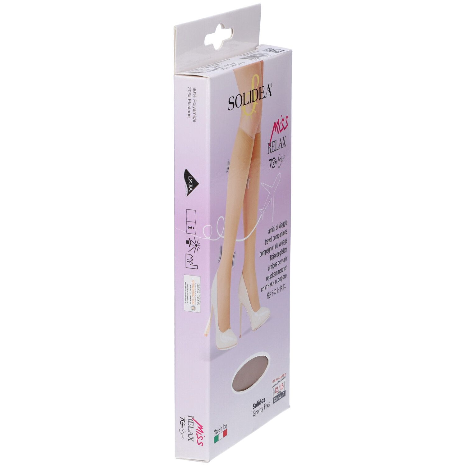 Verpackung mit Kniestrümpfen. Produktname und Logo. Aufdrucke: 'Miss Relax', '70 Denier'. Italienische Flagge.
