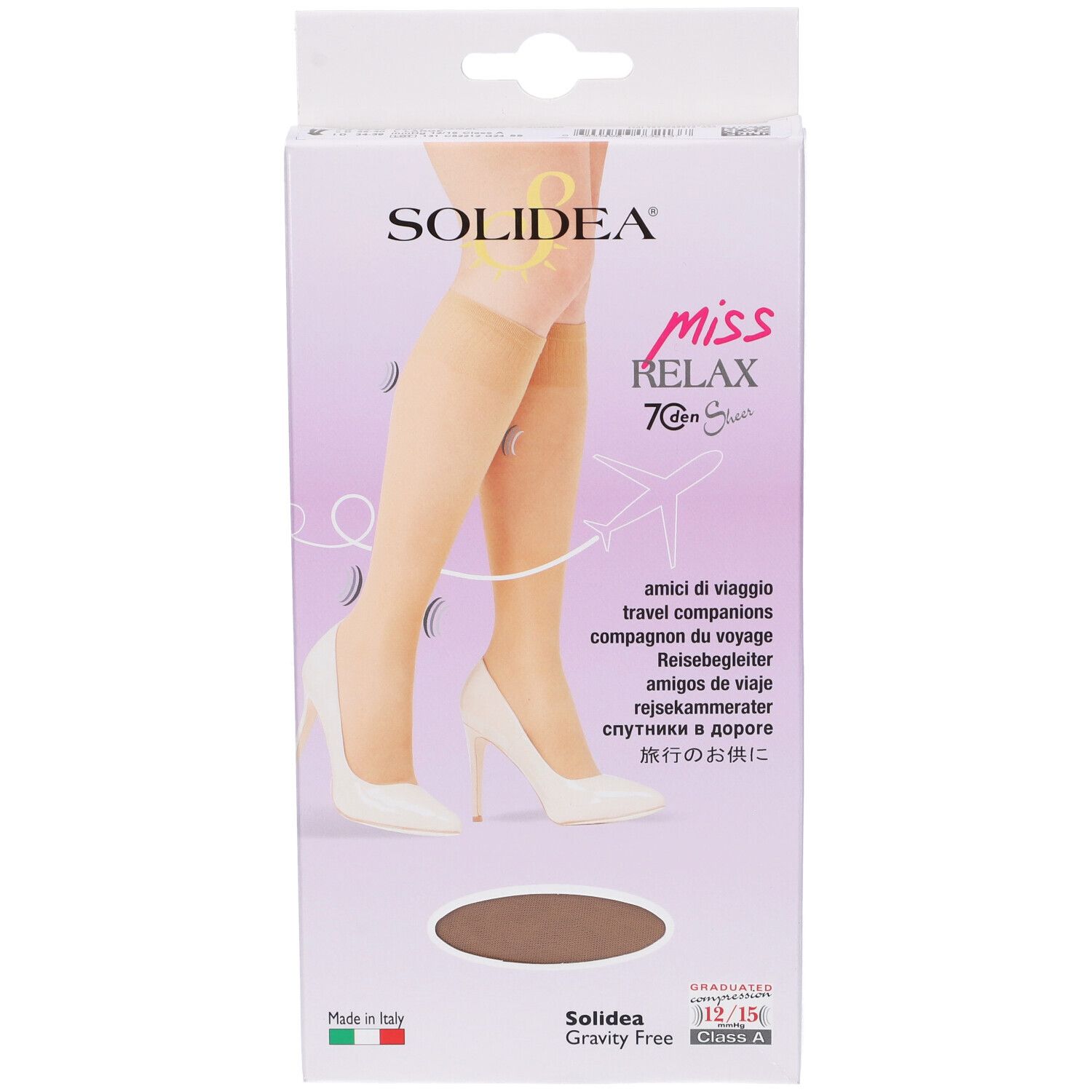 Verpackung mit Kniestrümpfen. Produktname und Logo. Aufdrucke: 'Miss Relax', '70 Denier'. Italienische Flagge.