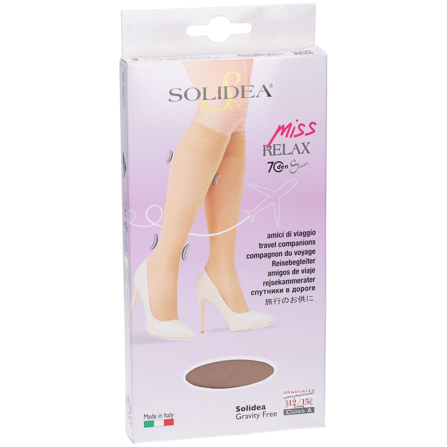 Verpackung mit Kniestrümpfen. Produktname und Logo. Aufdrucke: 'Miss Relax', '70 Denier'. Italienische Flagge.