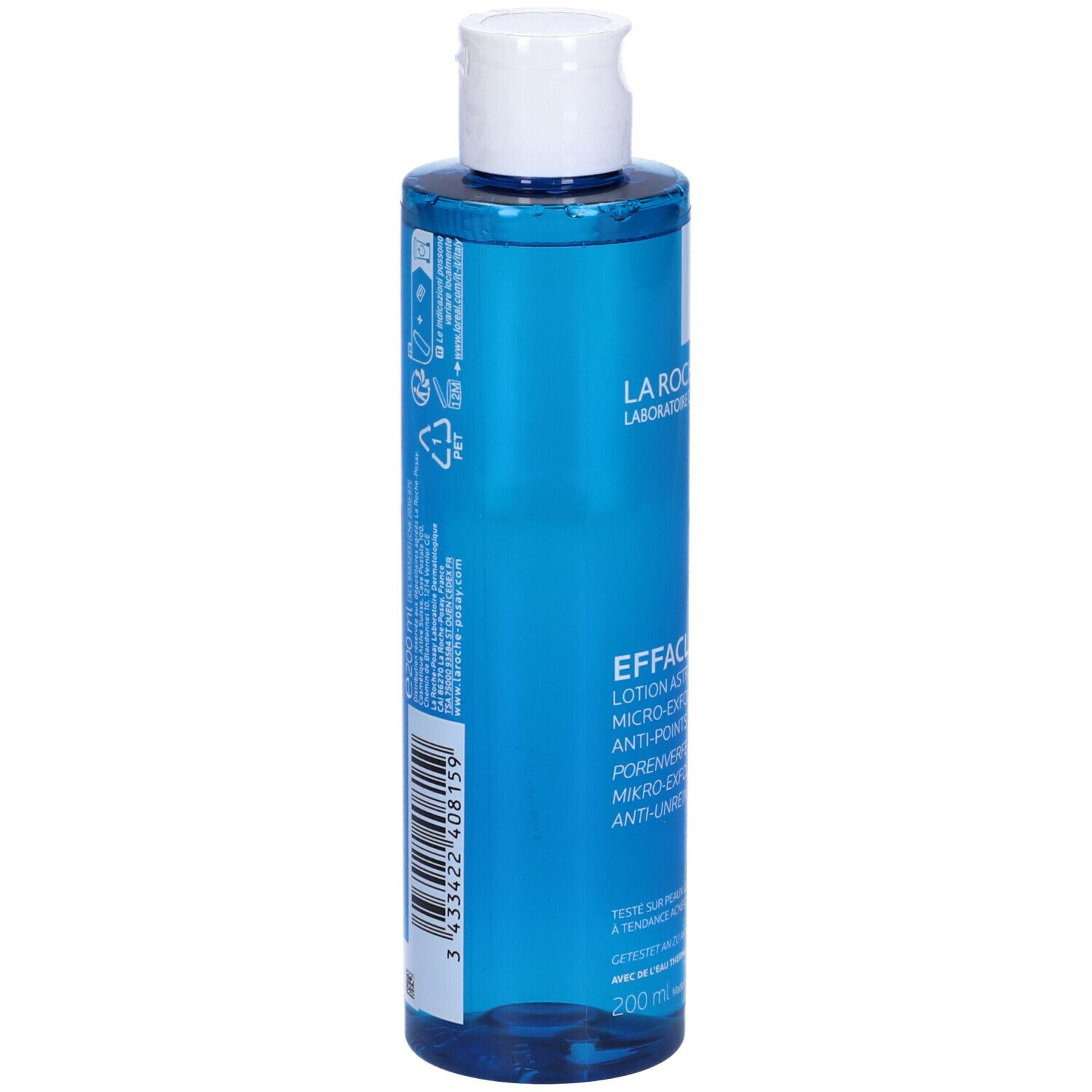 Retro del flacone. Scritta EFFACLAR LOTION. Logo La Roche-Posay. Testo. 200 ml.
