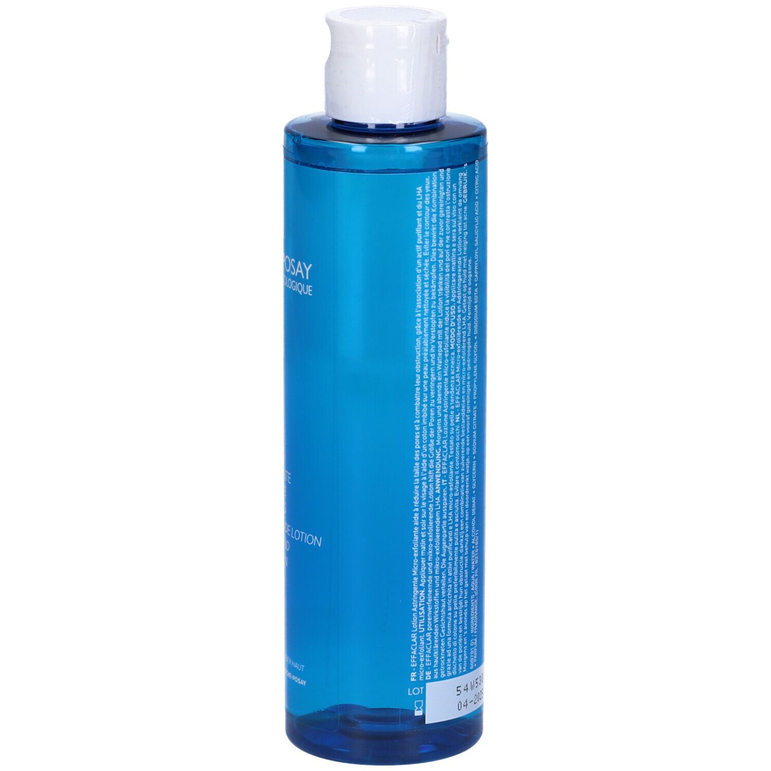 Retro del flacone. Scritta EFFACLAR LOTION. Logo La Roche-Posay. Testo. 200 ml.