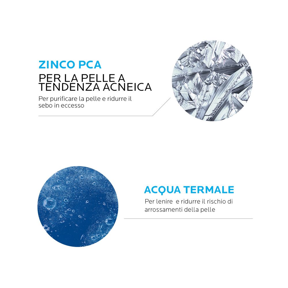 Illustrazioni circolari. Testo: Zinco PCA per pelli a tendenza acneica. Acqua termale. Didascalie.