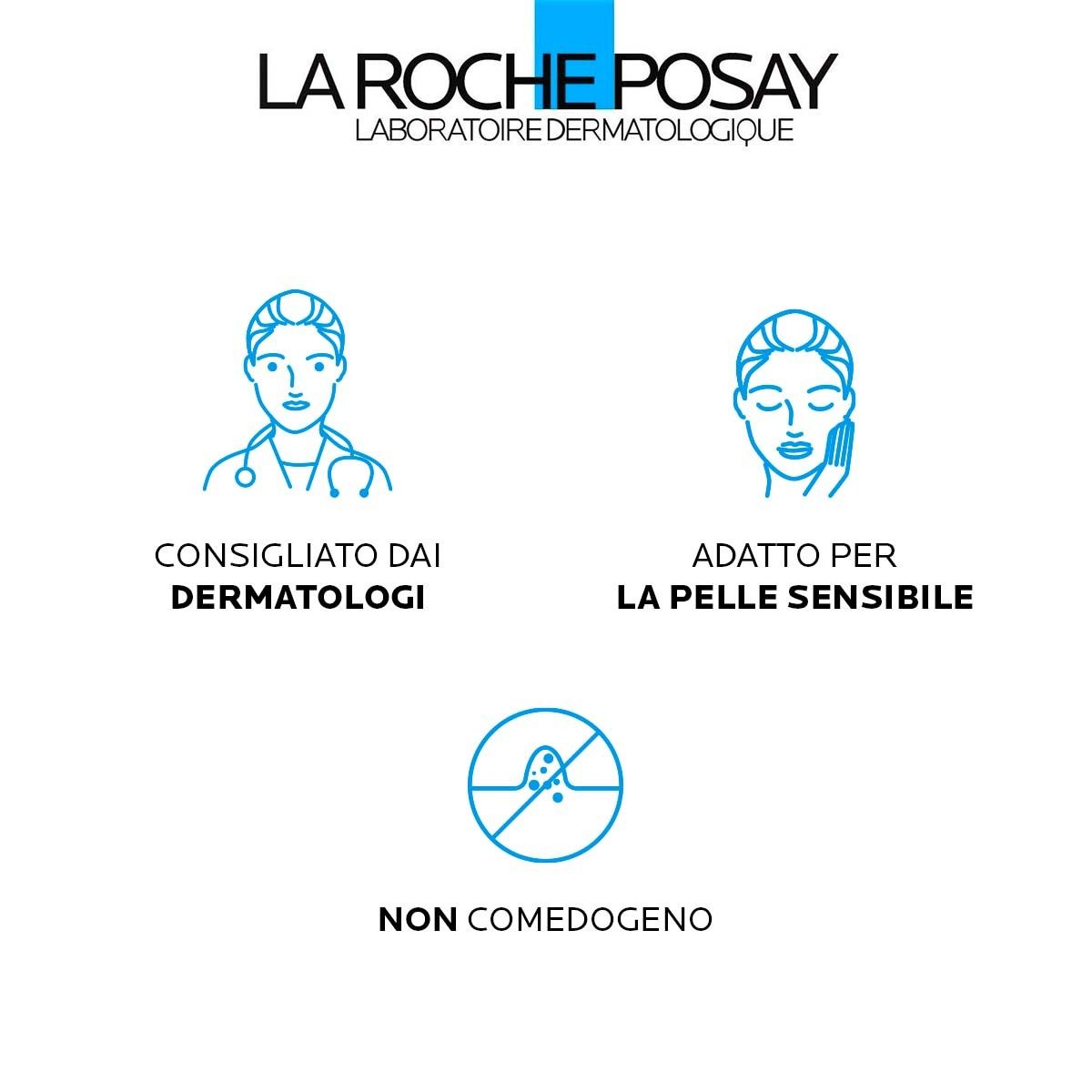 Logo La Roche-Posay. Testo: Consigliato dai dermatologi, adatto per la pelle sensibile, non comedogeno.