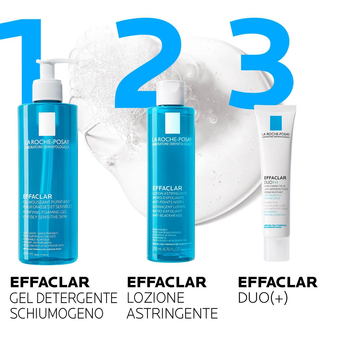 Tre prodotti: EFFACLAR Gel, EFFACLAR Lotion, EFFACLAR Duo(+). Didascalie. Logo La Roche-Posay.