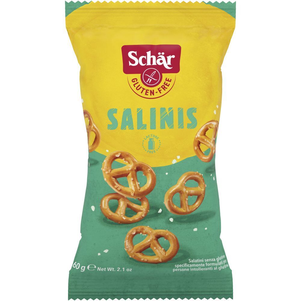 Busta gialla Schär Salinis Salatini. Logo senza glutine. Bretzel. 60g netto. Confezione verde-gialla.