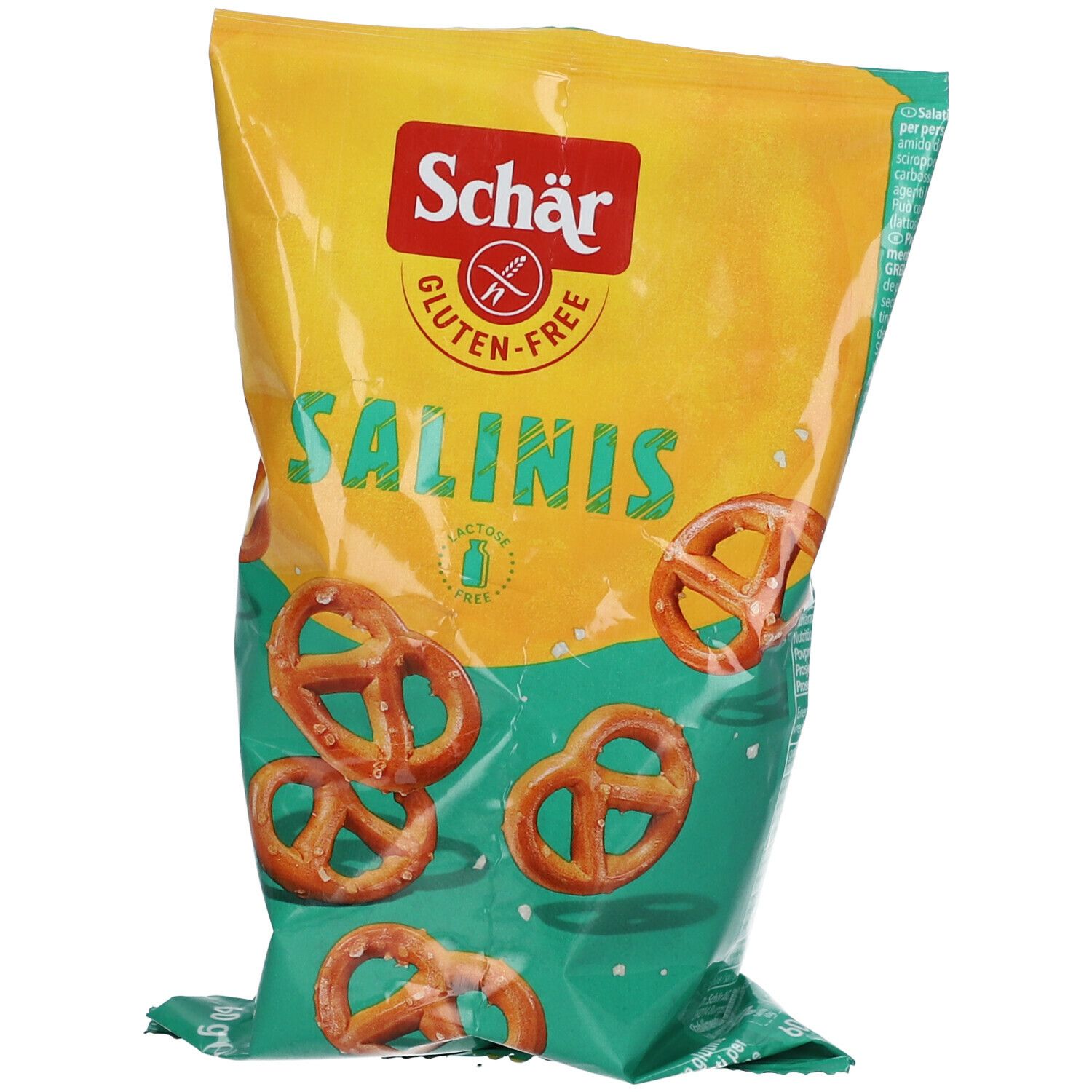 Busta gialla Schär Salinis Salatini. Logo senza glutine. Bretzel. Logo senza lattosio. Confezione verde-gialla.