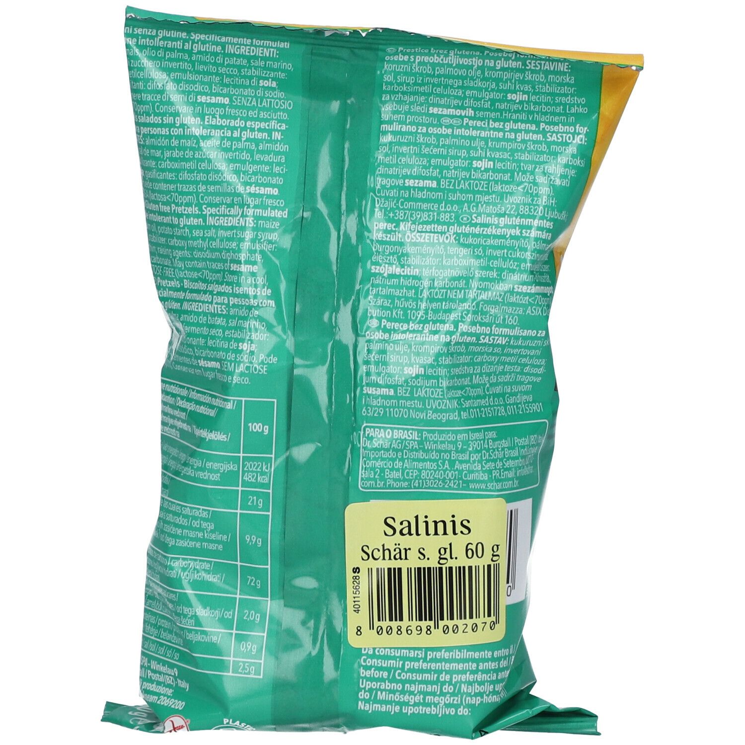 Retro della confezione Schär Salinis Salatini. Testo con informazioni nutrizionali e ingredienti. 60g. Codice a barre.