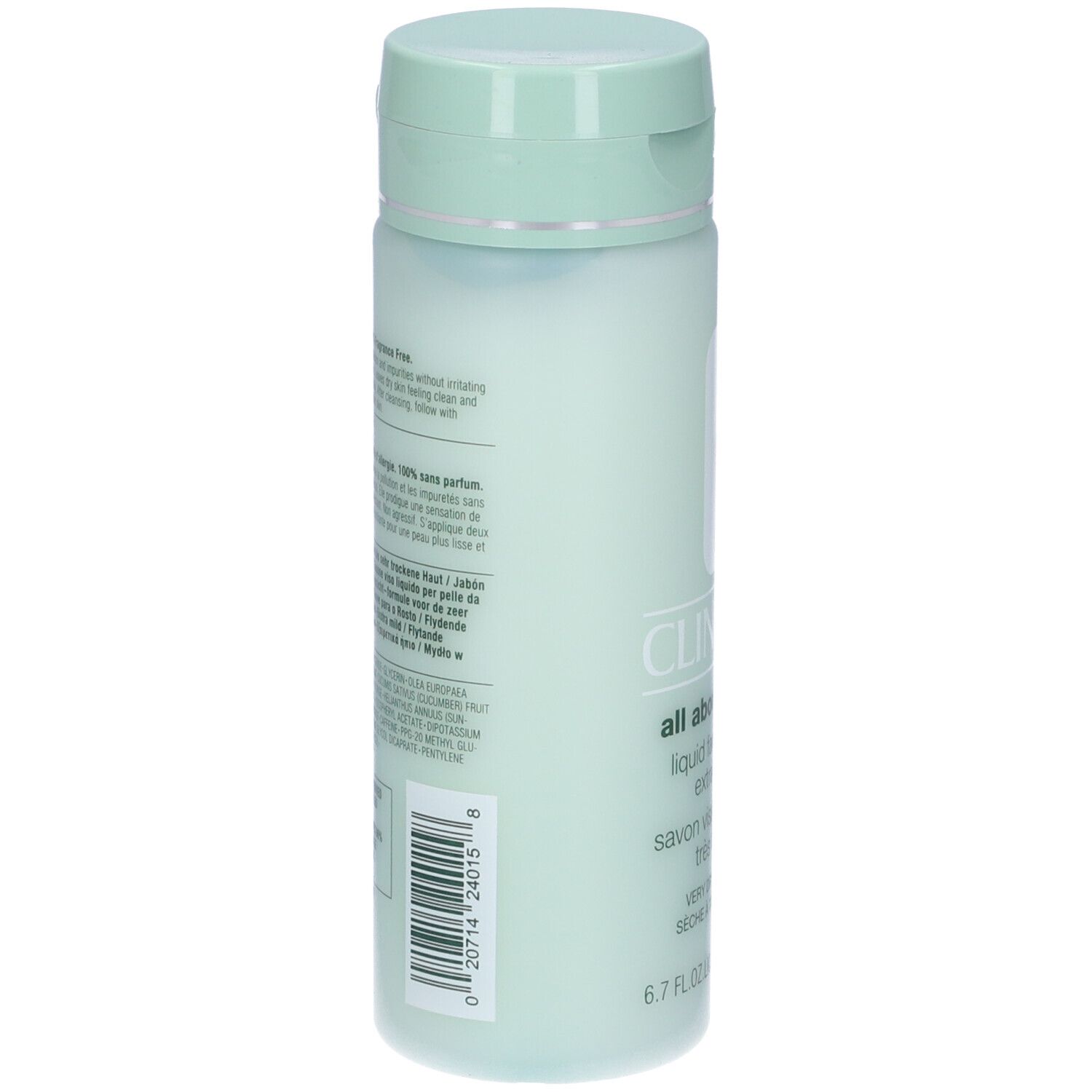 Flacone verde chiaro. Scritta: CLINIQUE, all about clean, liquid facial soap extra-mild. Testo multilingue.