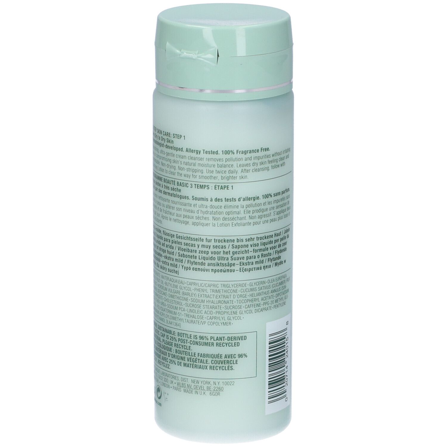 Flacone verde chiaro. Testo multilingue. Scritta: CLINIQUE, all about clean, liquid facial soap extra-mild.
