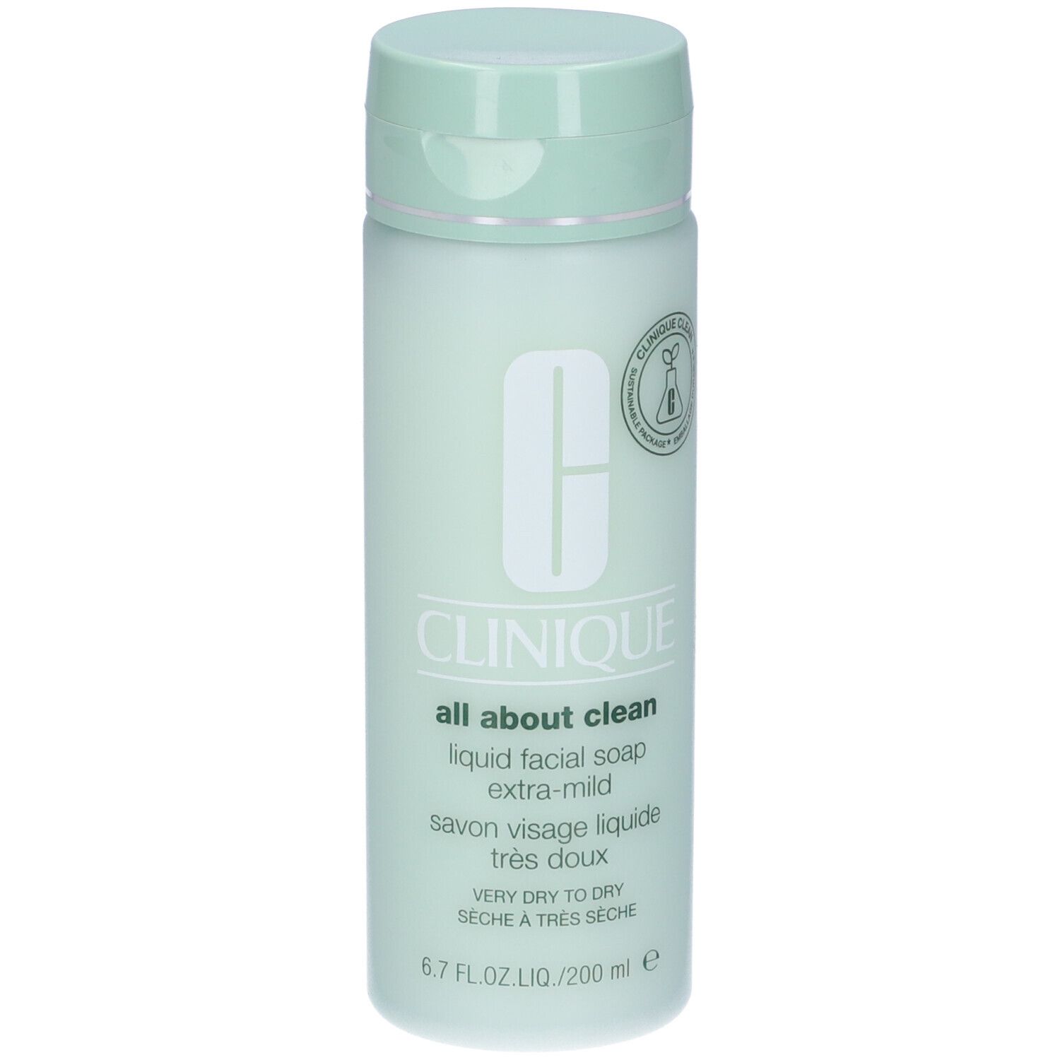 Flacone verde chiaro con tappo a ribalta. Scritta: CLINIQUE, all about clean, liquid facial soap extra-mild.