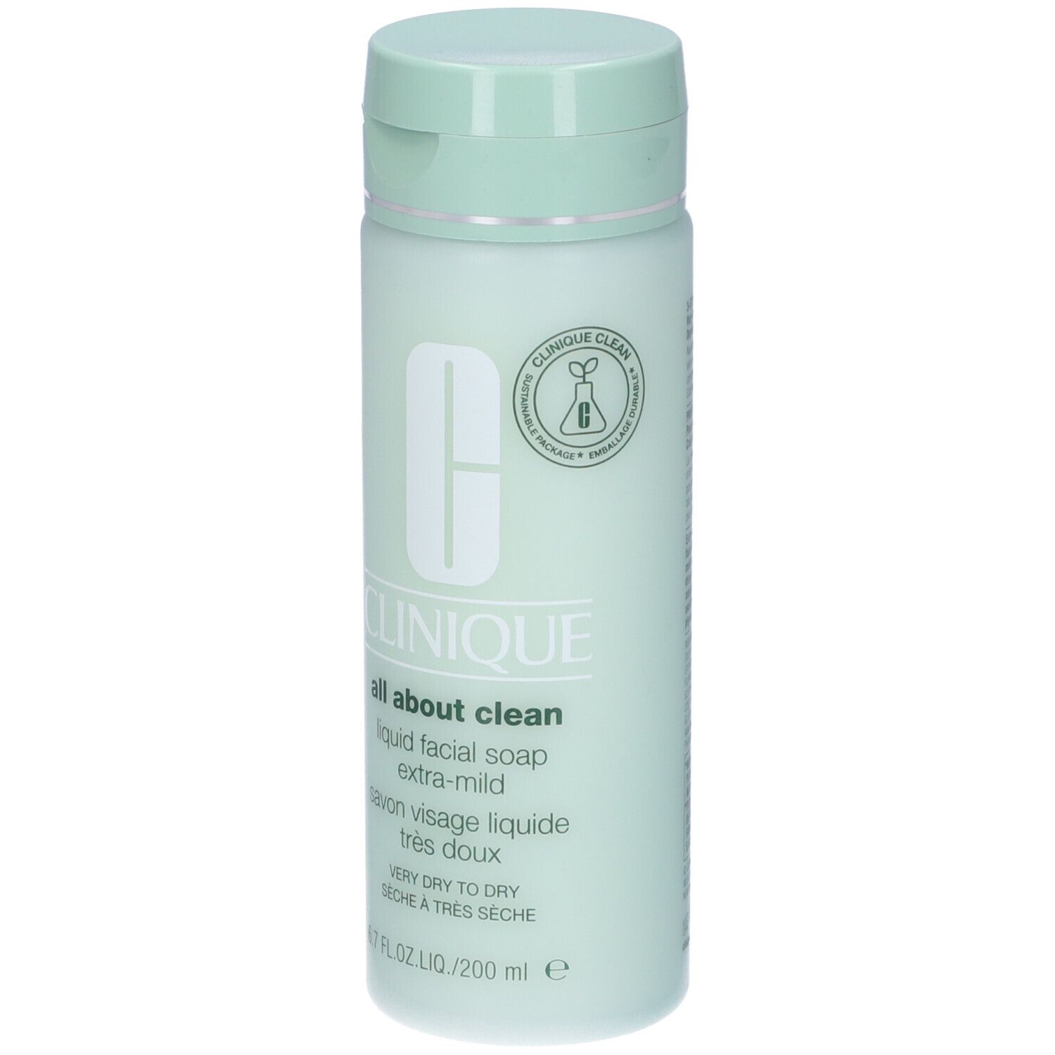Flacone verde chiaro con tappo a ribalta. Scritta: CLINIQUE, all about clean, liquid facial soap extra-mild.