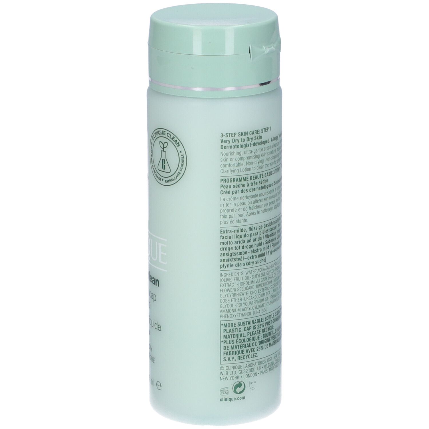 Flacone verde chiaro. Scritta: CLINIQUE, all about clean, liquid facial soap extra-mild. Testo multilingue.