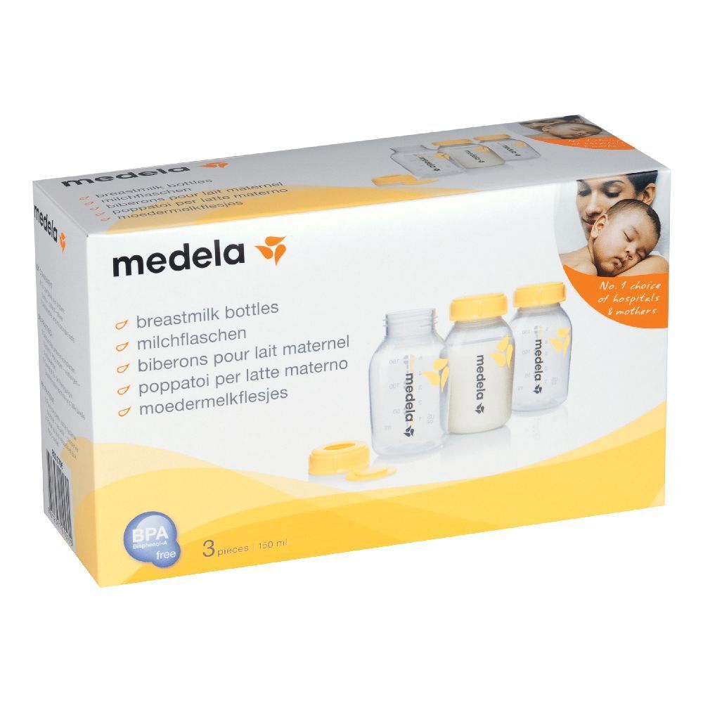 Confezione Medela con 3 biberon. Tappi gialli, bottiglie trasparenti. Senza BPA.
