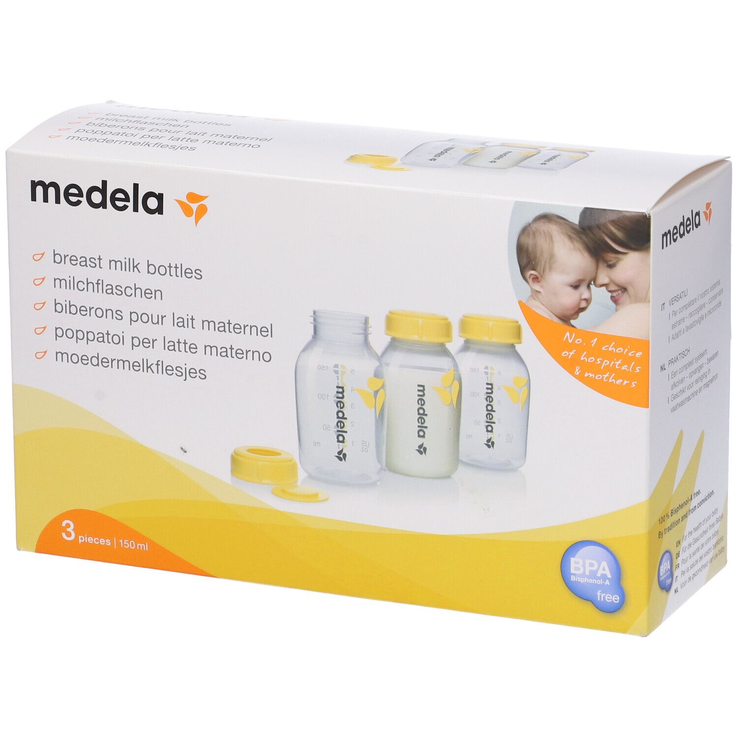 Confezione Medela con 3 biberon. Tappi gialli, bottiglie trasparenti. Senza BPA.