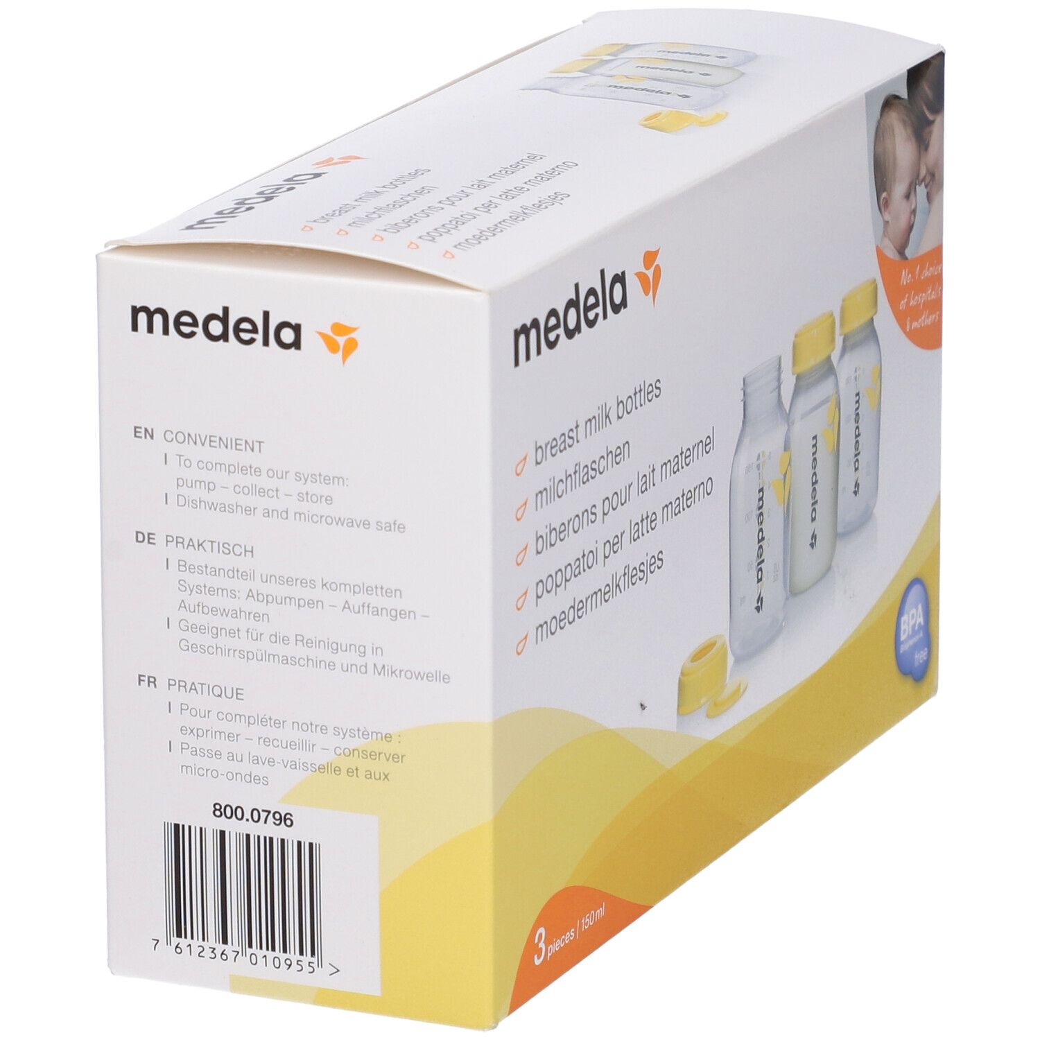 Retro della confezione. Testo multilingue. Marchio Medela. Codice a barre.