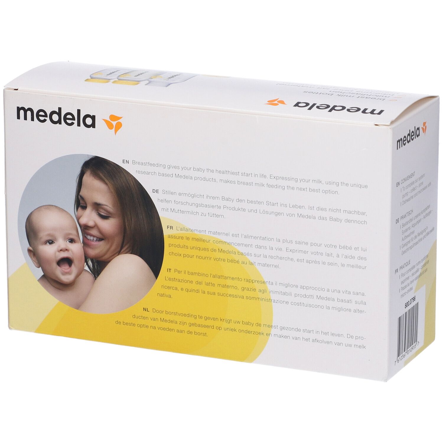 Confezione con bambino e madre. Testo multilingue. Marchio Medela.