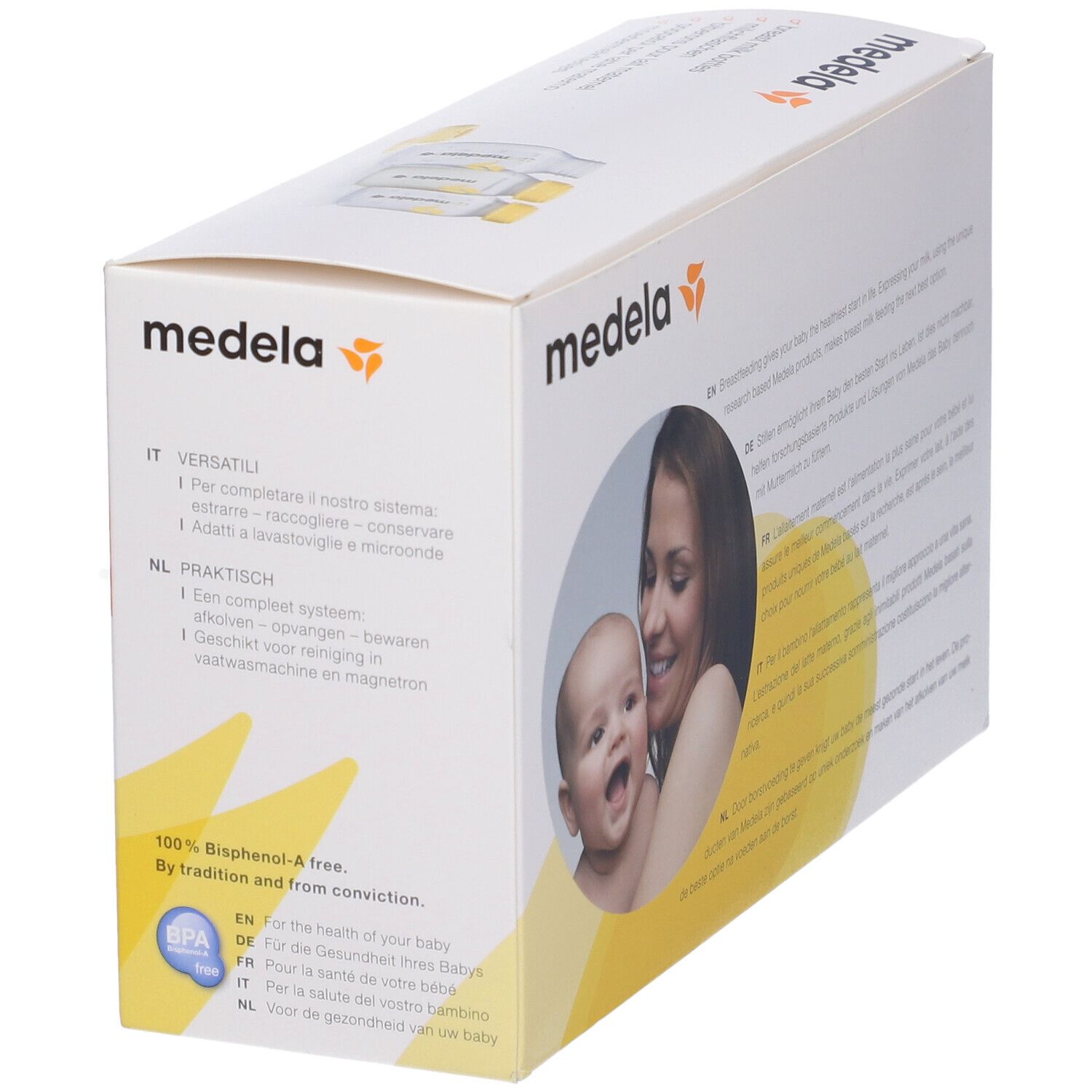 Confezione con bambino e madre. Testo multilingue. Marchio Medela. Senza BPA.