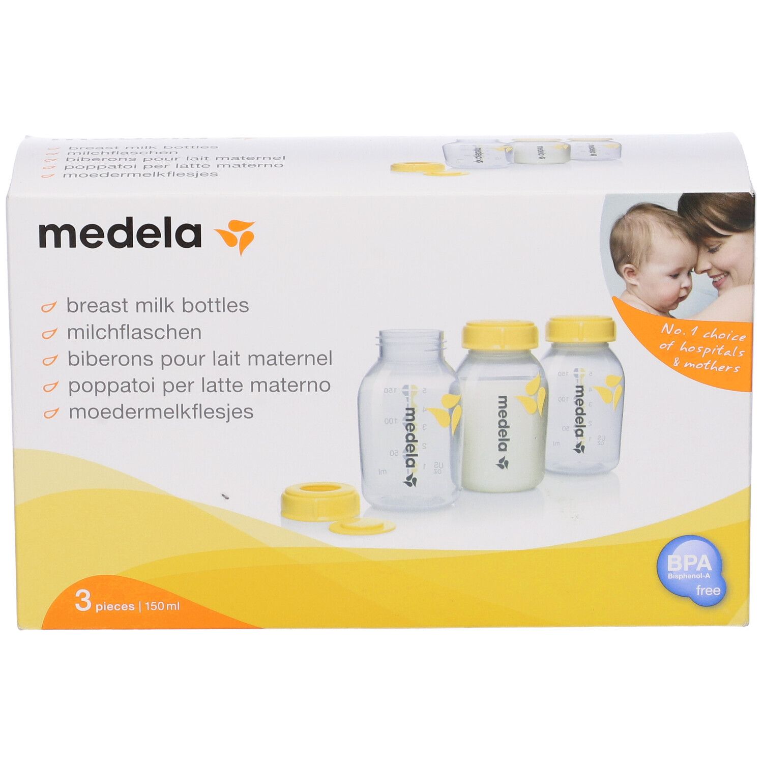 Confezione Medela con 3 biberon. Tappi gialli, bottiglie trasparenti. Senza BPA.