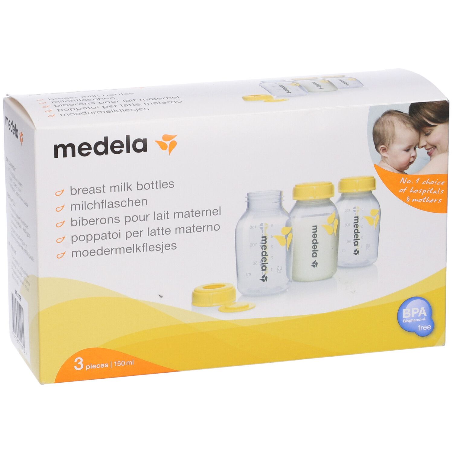 Confezione Medela con 3 biberon. Tappi gialli, bottiglie trasparenti. Senza BPA.