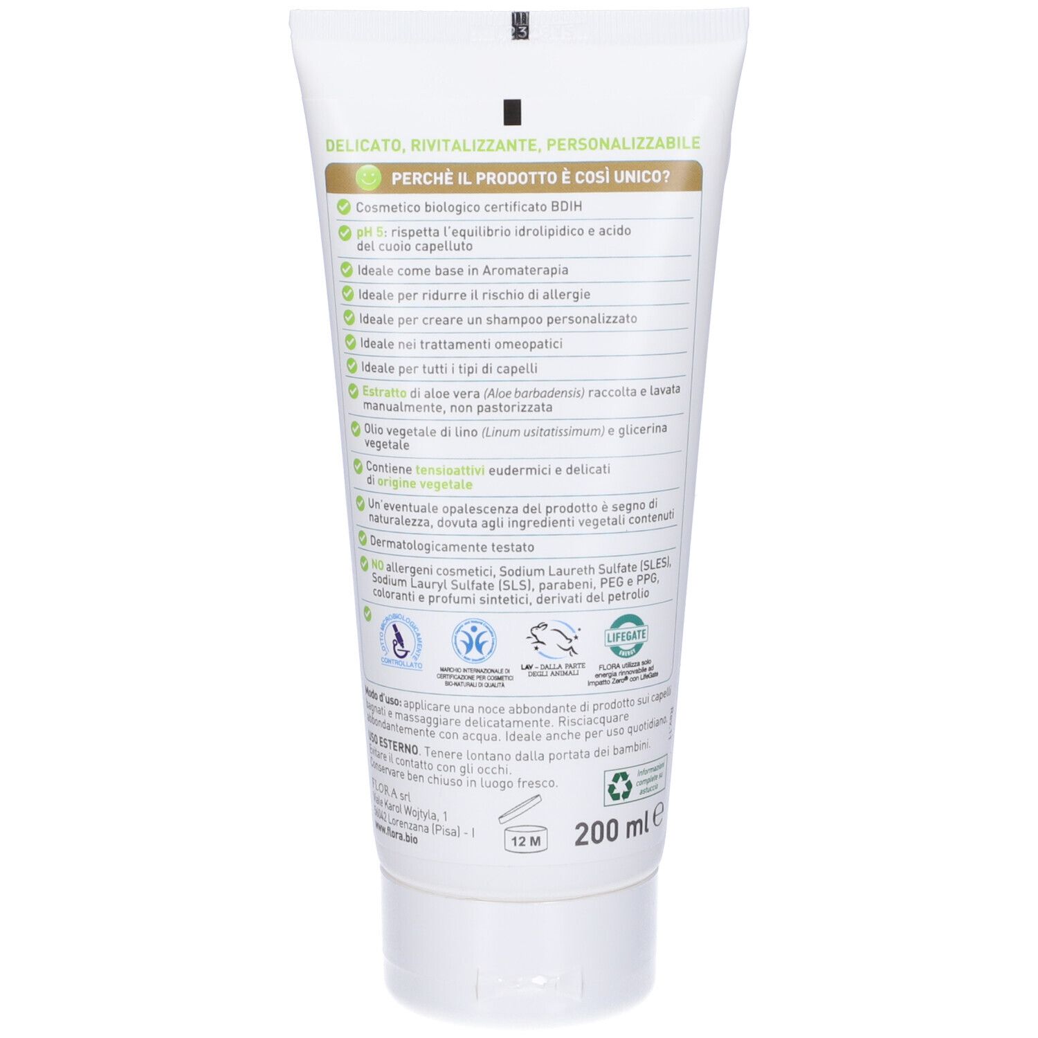Tubo bianco con testo e loghi. Retro con informazioni e certificazioni. Contenuto da 200 ml.