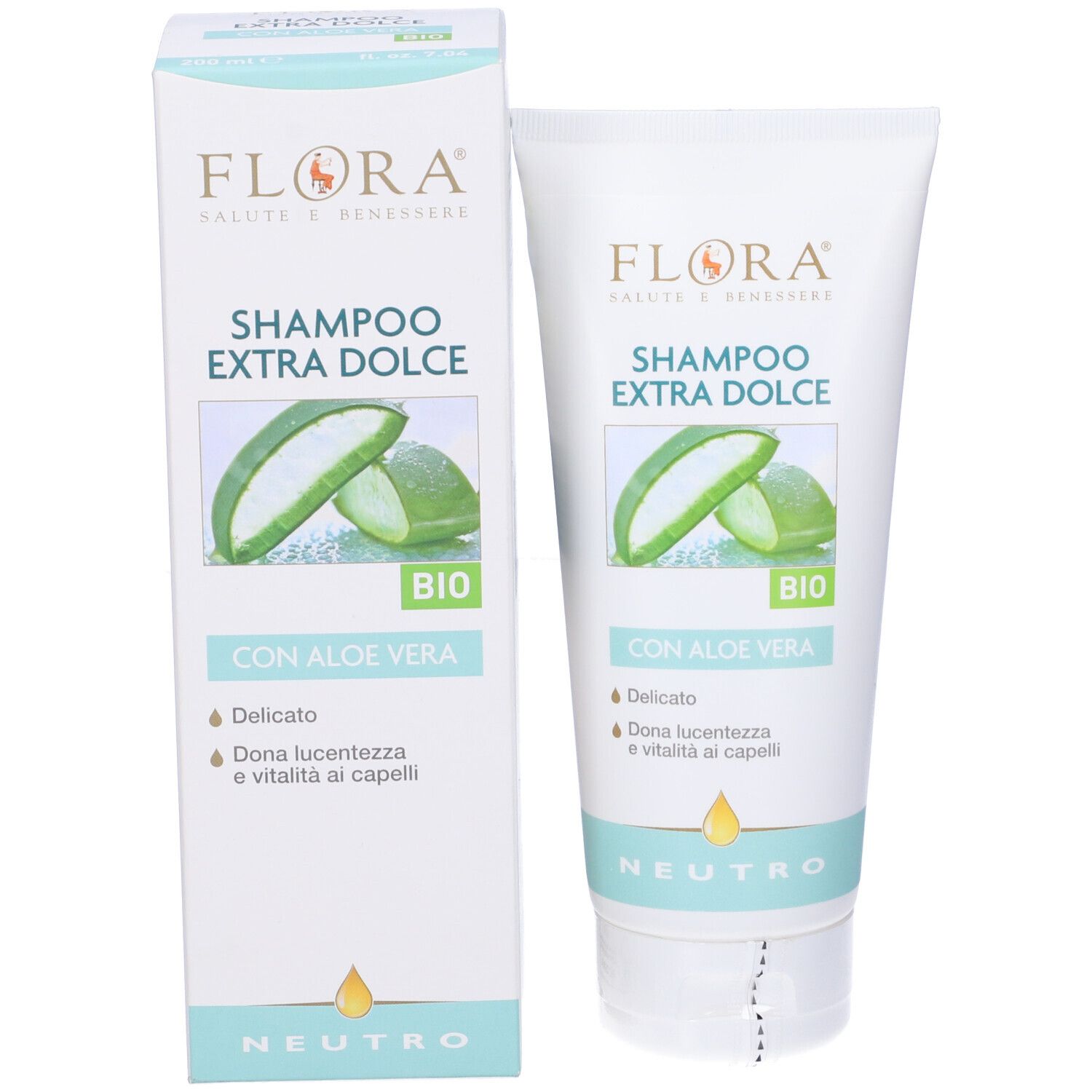 Scatola e tubo di shampoo. Scritto: FLORA, Shampoo Extra Dolce, Aloe Vera. Certificazione bio.