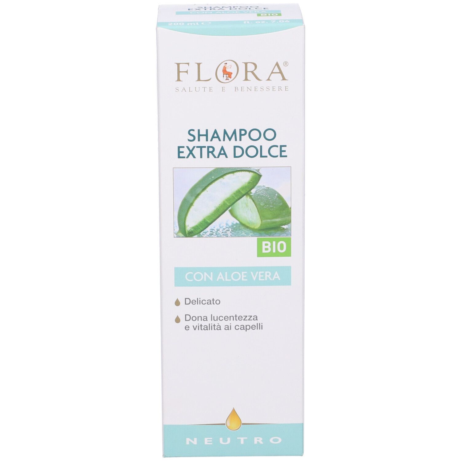 Scatola bianca con stampa shampoo. Scritto: FLORA, Shampoo Extra Dolce, Aloe Vera. Certificazione bio.