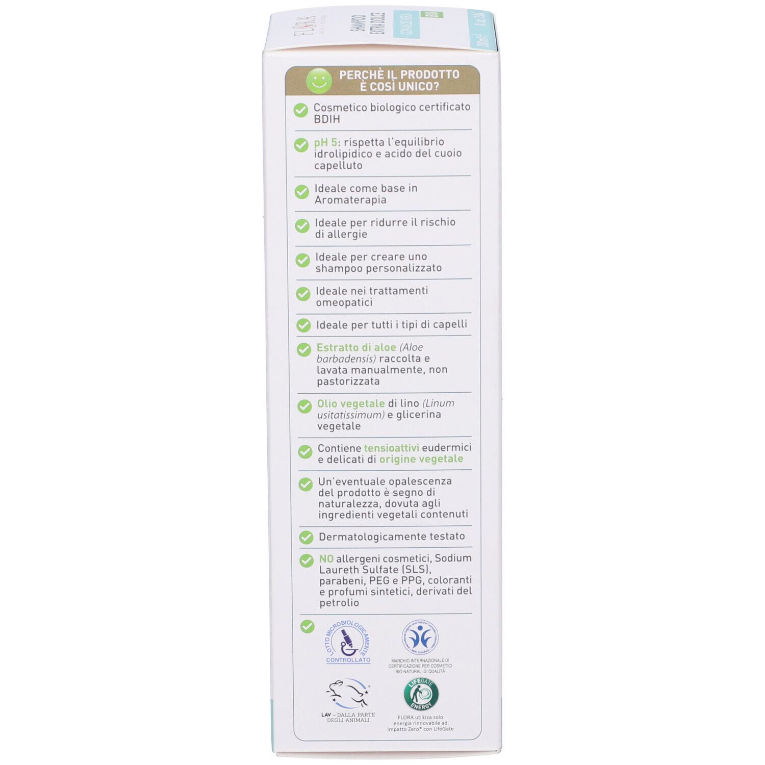 Scatola bianca con testo. Scritto: FLORA, Shampoo Extra Dolce, Aloe Vera. Informazioni e certificazioni.