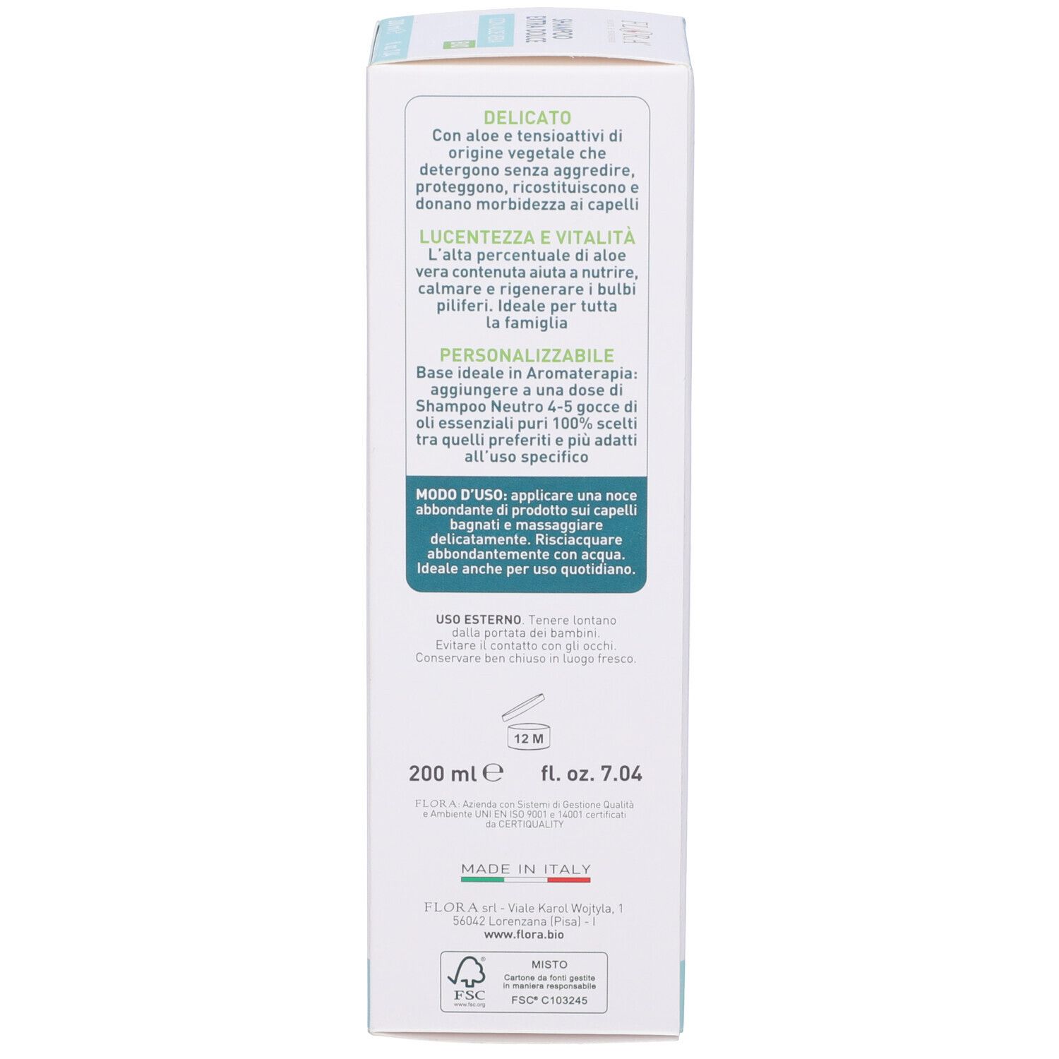 Retro di confezione shampoo. Testo: 200 ml, ingredienti, istruzioni per l'uso. Prodotto in Italia.