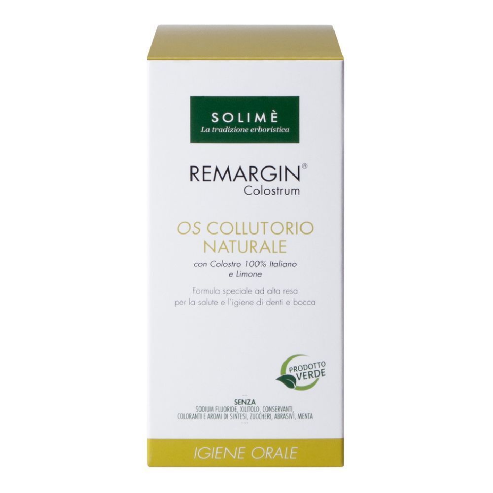 Confezione di Remargin Colostrum Os Collutorio. Scatola bianca con scritte verdi e gialle. Nome del prodotto e logo ben visibili.