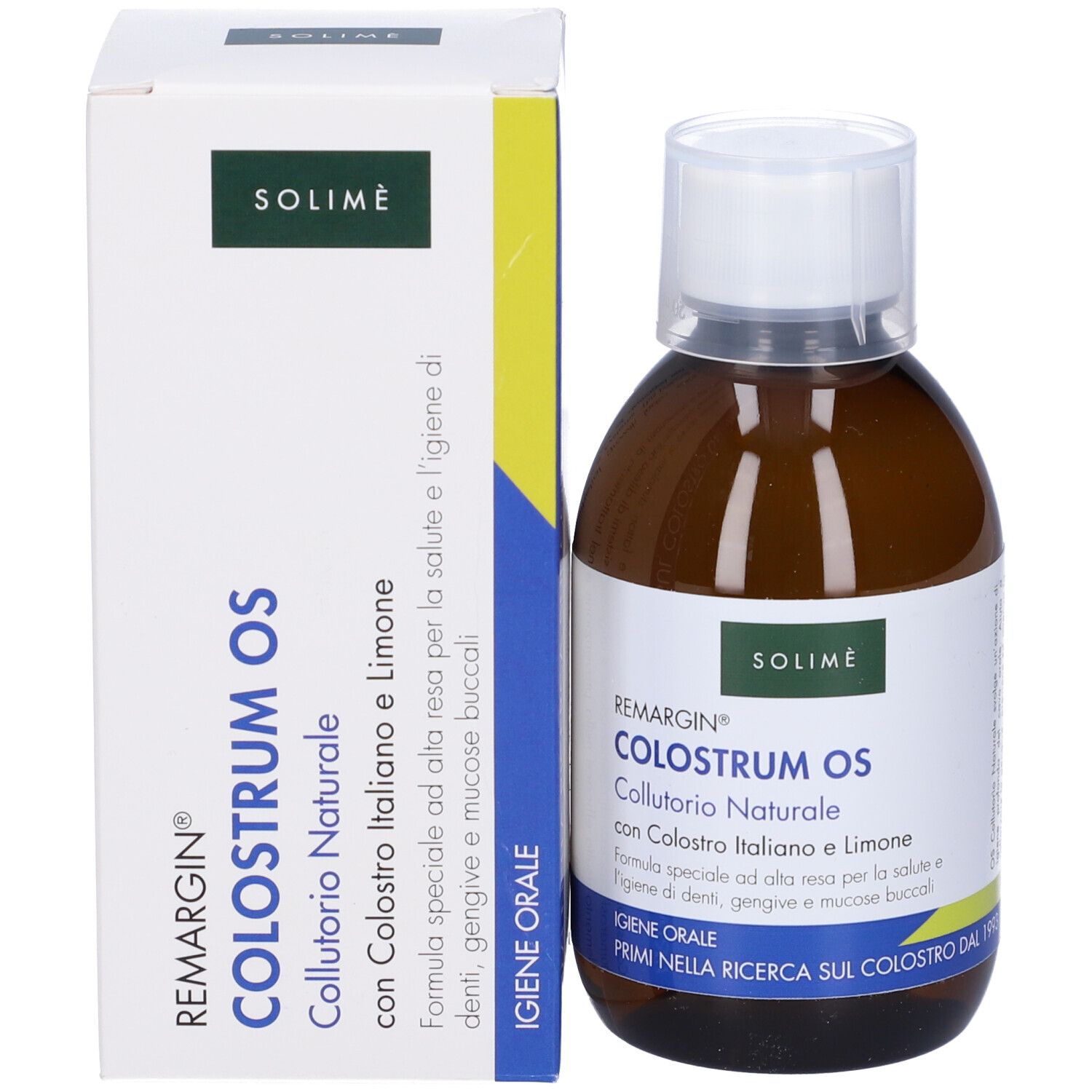 Flacone e confezione di Remargin Colostrum Os Collutorio. Flacone marrone, tappo bianco, scatola bianca.