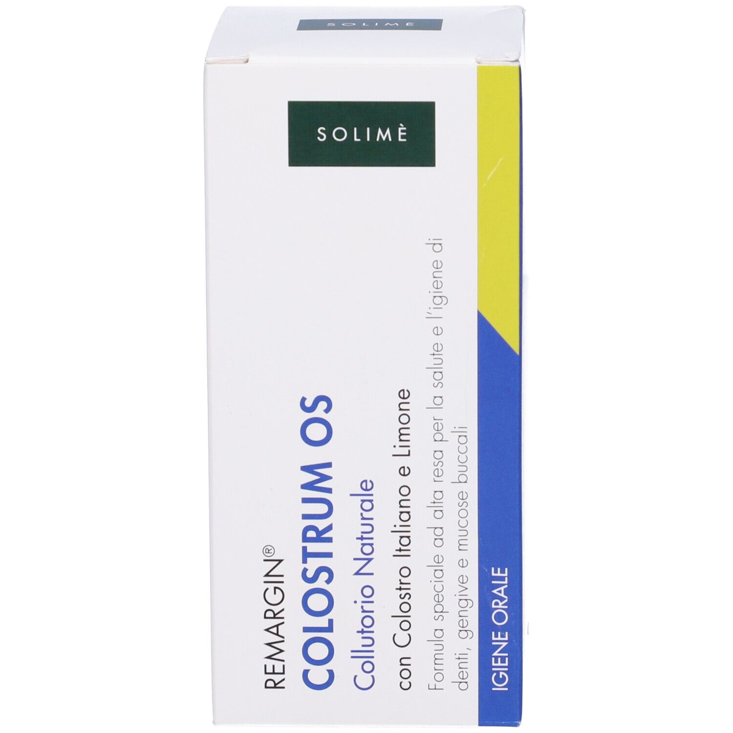 Confezione di Remargin Colostrum Os Collutorio. Scatola bianca con scritte verdi e gialle. Nome e logo del prodotto.