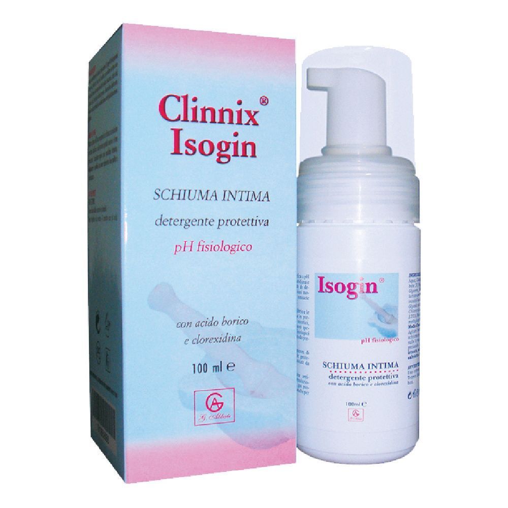 Confezione e flacone di Isogin Schiuma Intima. Scritte: Clinnix, Isogin, Schiuma Intima, pH fisiologico.