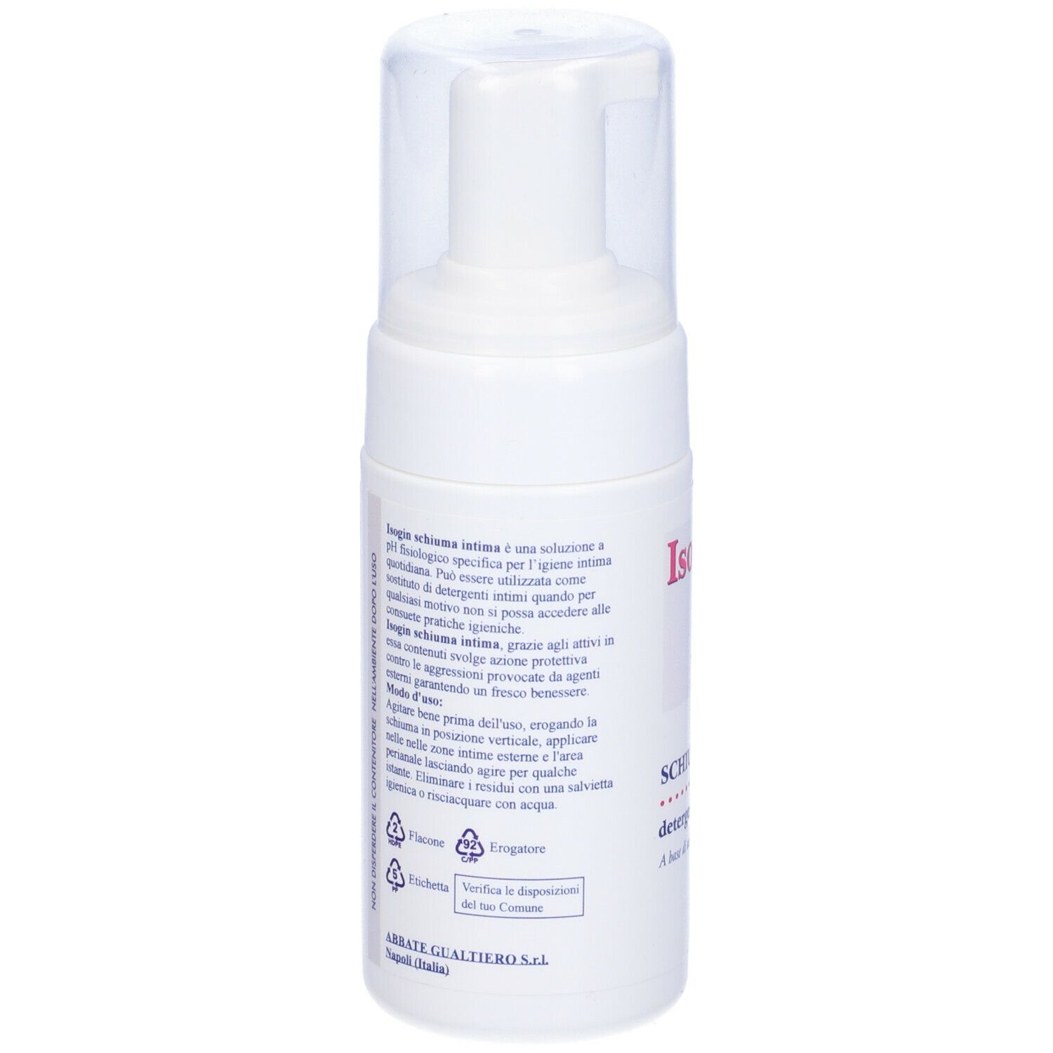 Flacone bianco di Isogin Schiuma Intima con coperchio trasparente. Testo in italiano.