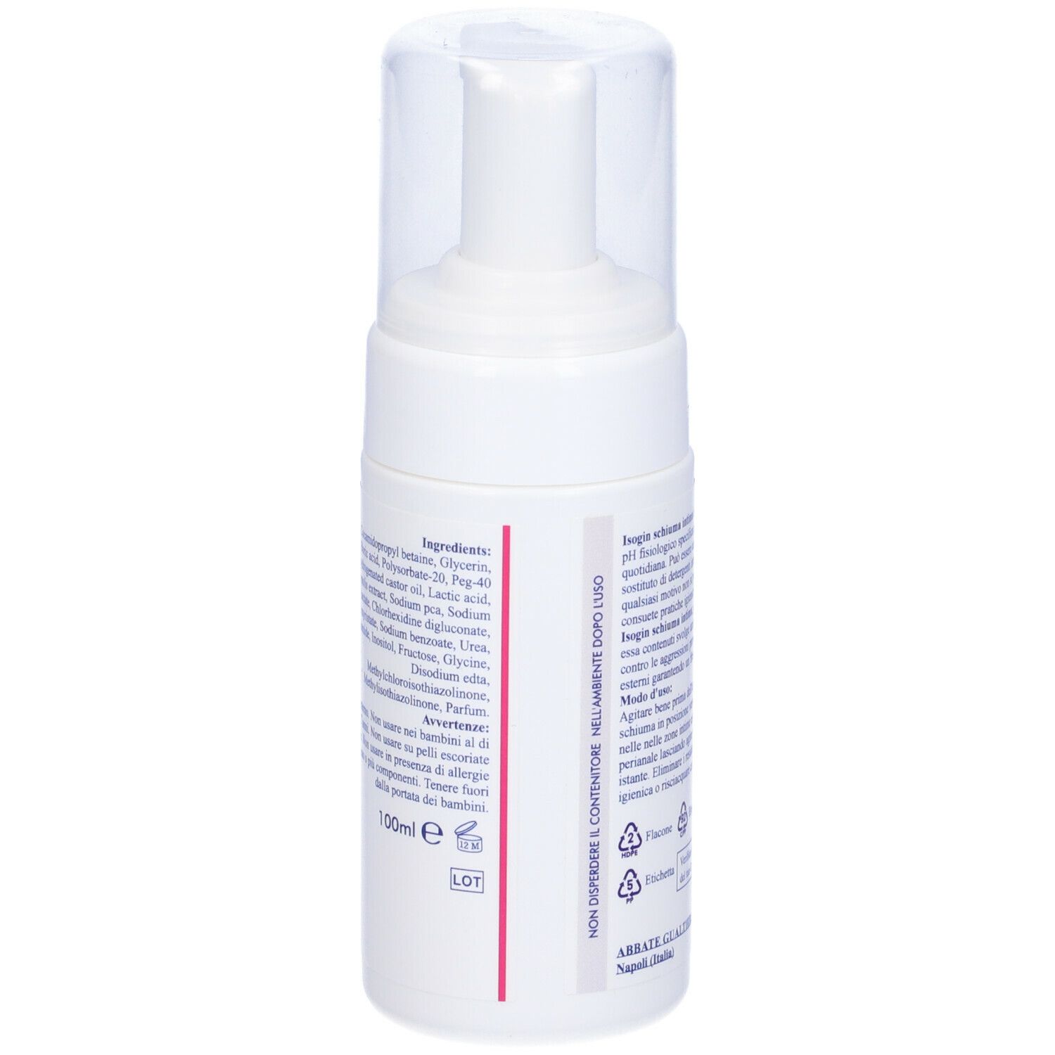 Flacone bianco di Isogin Schiuma Intima con coperchio trasparente. Elenco ingredienti in italiano.