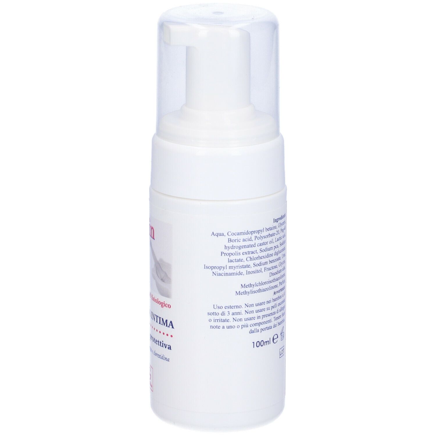 Flacone bianco di Isogin con coperchio trasparente. Testo in italiano.