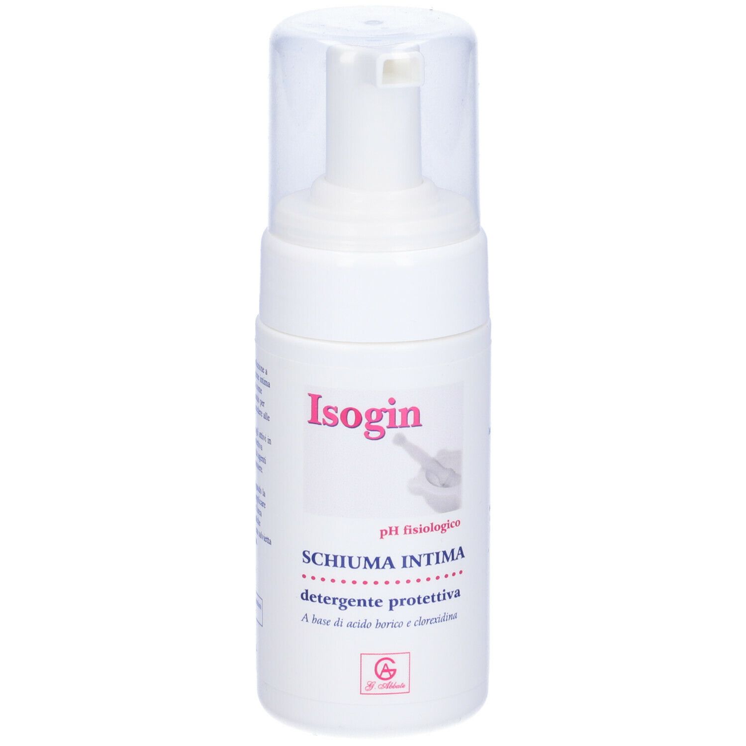 Flacone bianco di Isogin Schiuma Intima con coperchio trasparente. Testo in italiano.