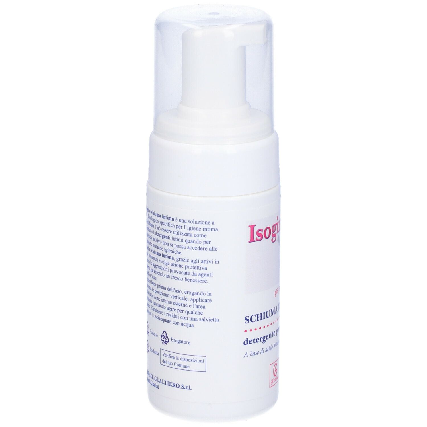 Flacone bianco di Isogin Schiuma Intima con coperchio trasparente. Testo in italiano.