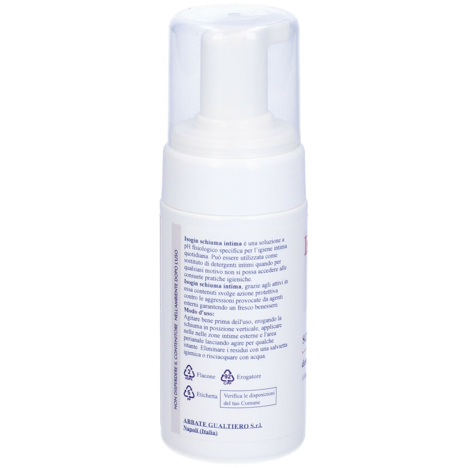 Flacone bianco di Isogin Schiuma Intima con coperchio trasparente. Testo in italiano.