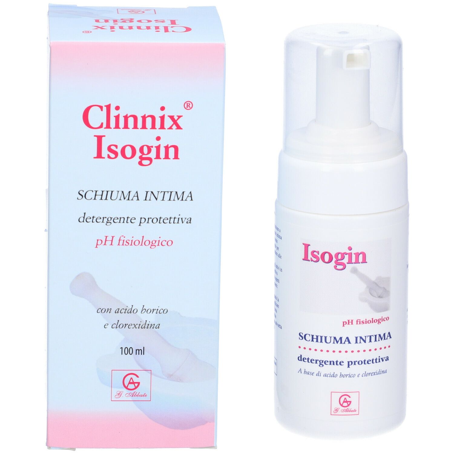 Confezione e flacone di Isogin Schiuma Intima. Scritte: Clinnix, Isogin, Schiuma Intima, pH fisiologico.