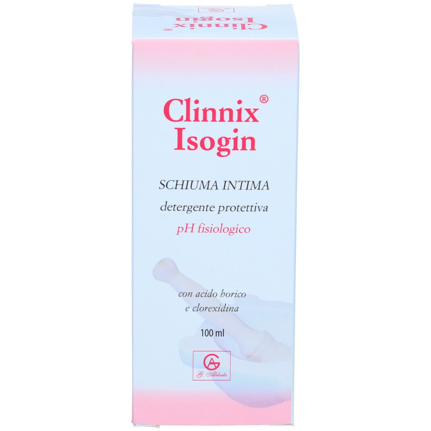 Confezione di Isogin Schiuma Intima. Scritte: Clinnix, Isogin, Schiuma Intima, pH fisiologico.