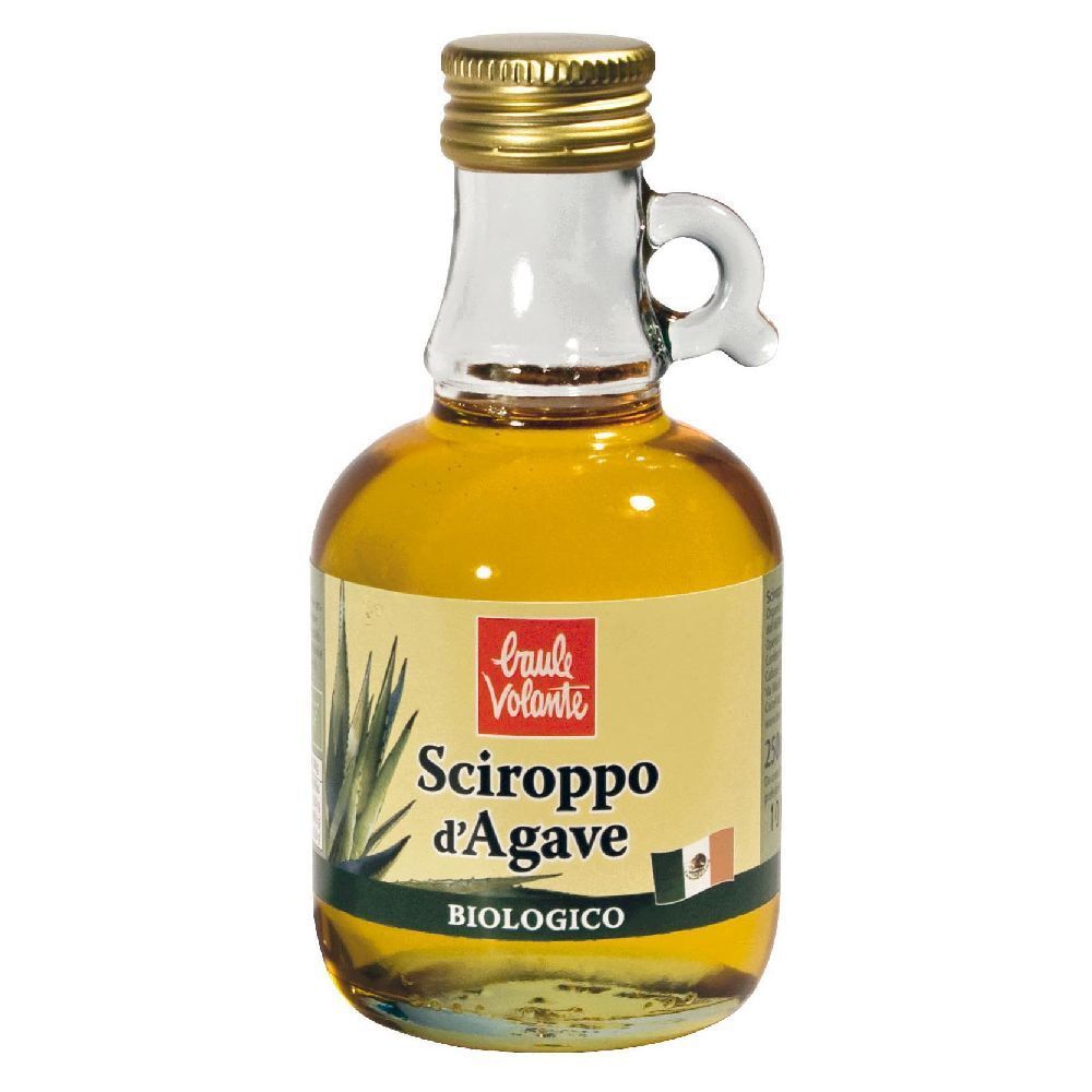 Piccola bottiglia di vetro con tappo dorato e manico. Etichetta con testo: Sciroppo d'Agave, biologico. Bandiere italiana e messicana.