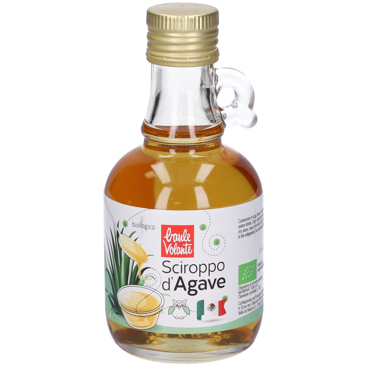 Piccola bottiglia di vetro con tappo dorato e manico. Etichetta con testo: Sciroppo d'Agave, biologico. Logo bio UE.