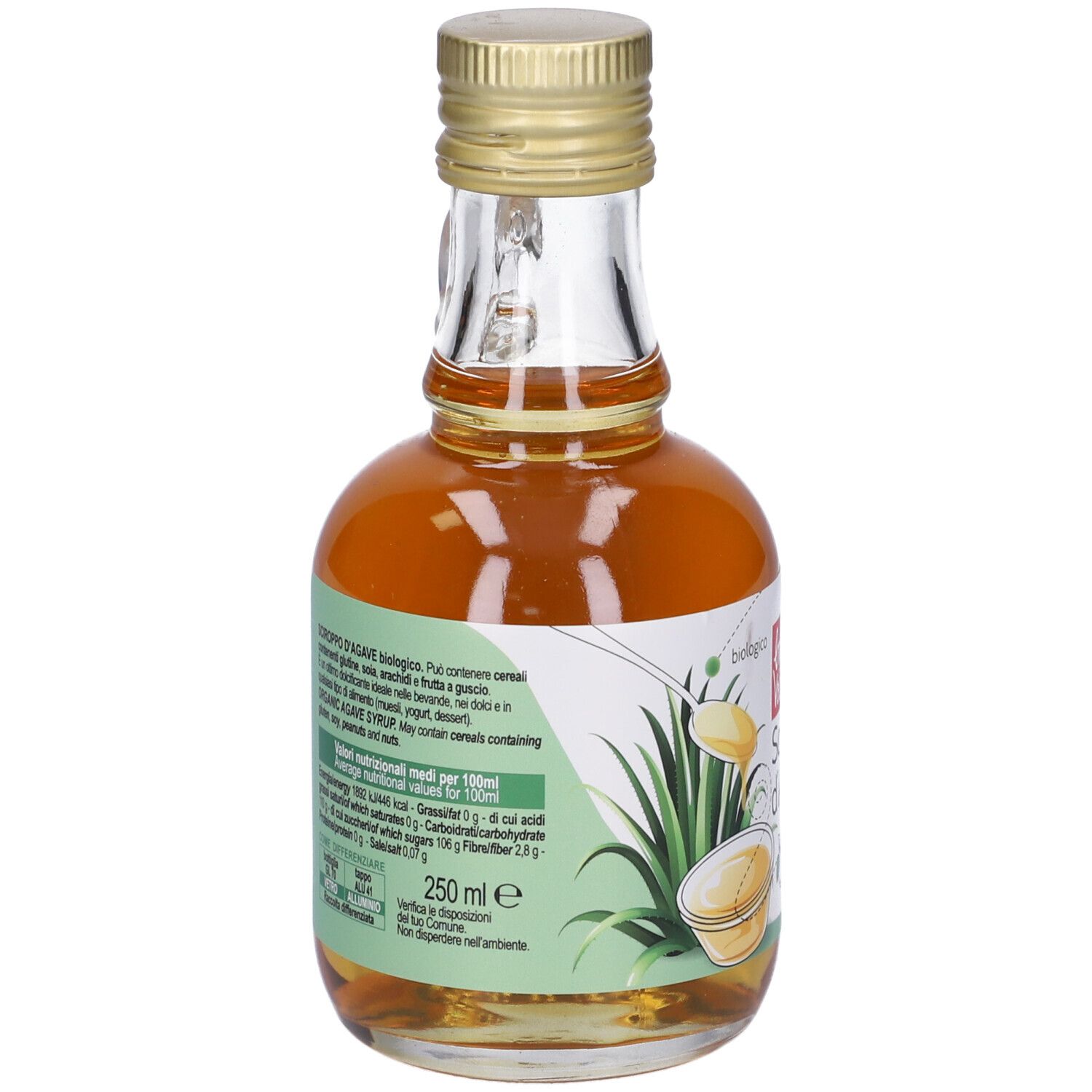 Piccola bottiglia di vetro con tappo dorato e manico. Retro con testo e informazioni nutrizionali. 250 ml.