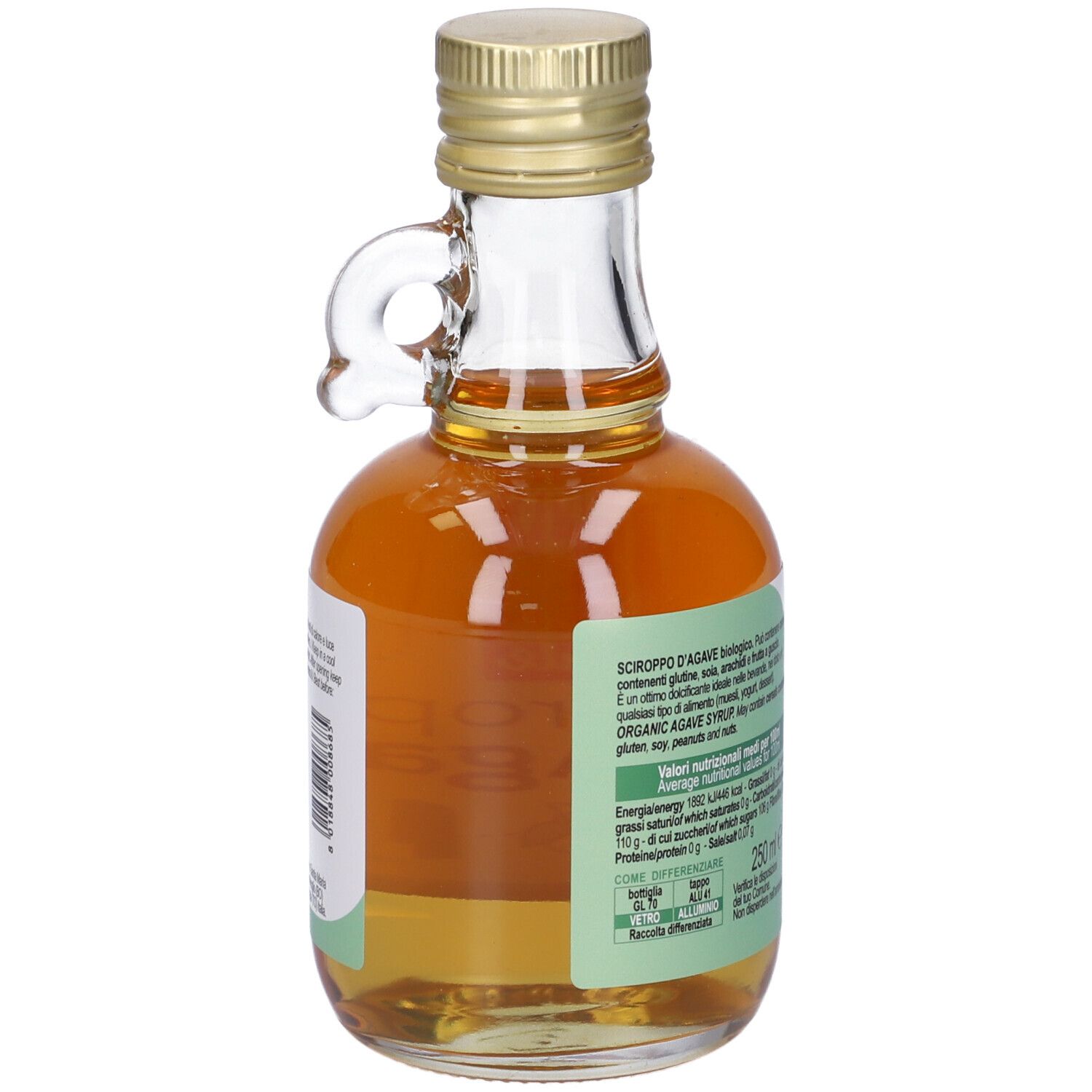 Piccola bottiglia di vetro con tappo dorato e manico. Retro con testo e informazioni nutrizionali. 250 ml.